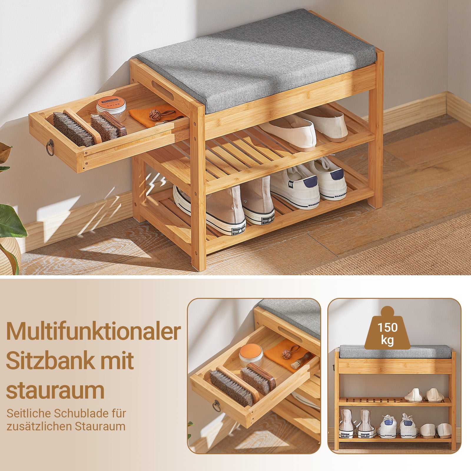 SoBuy | Schuhbank | Sitzbank mit Schuhregal | Breit 55cm Bambus | FSR49-N