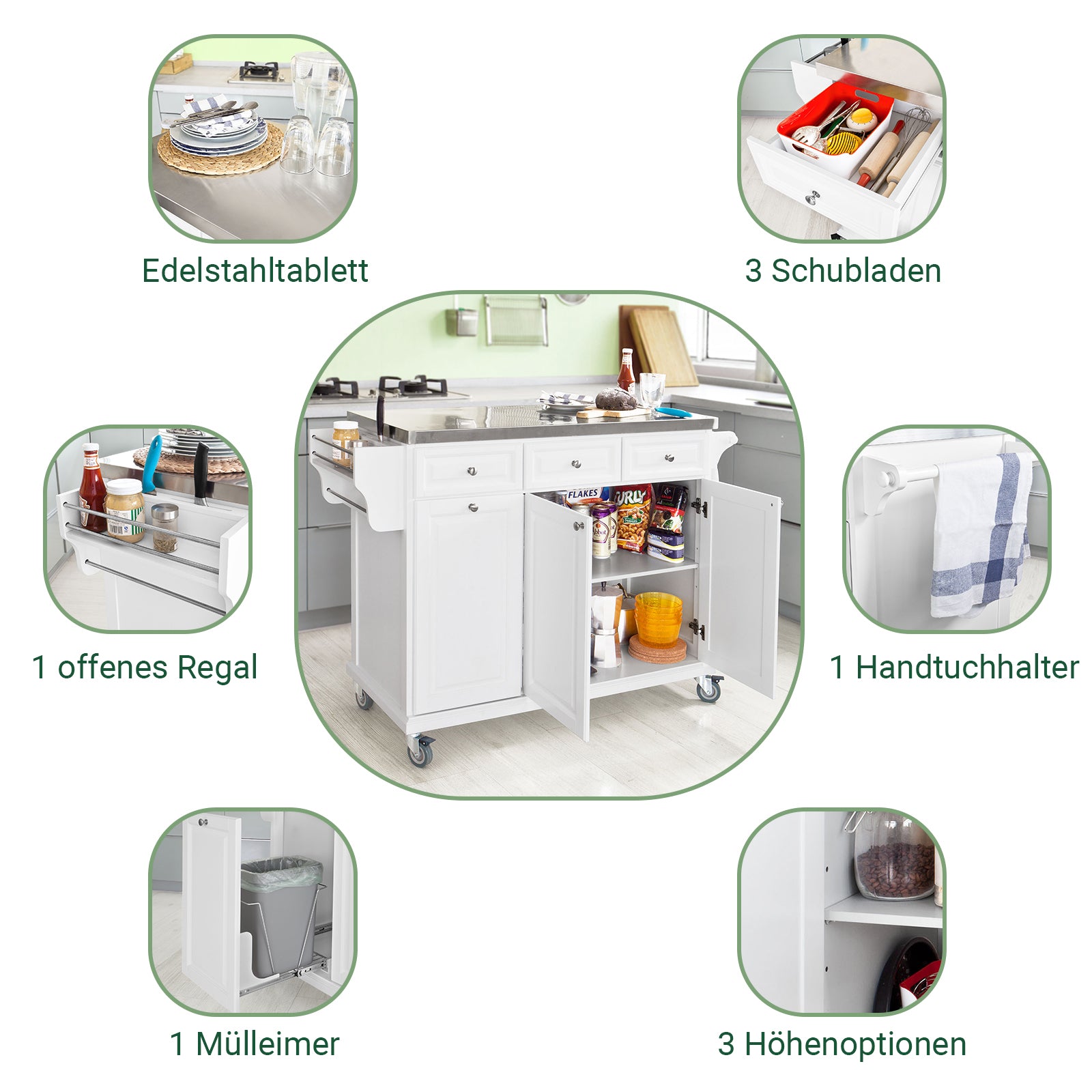 SoBuy | Kücheninsel | Küchenwagen mit Edelstahlplatte | Küchenschrank Weiß | FKW33-W