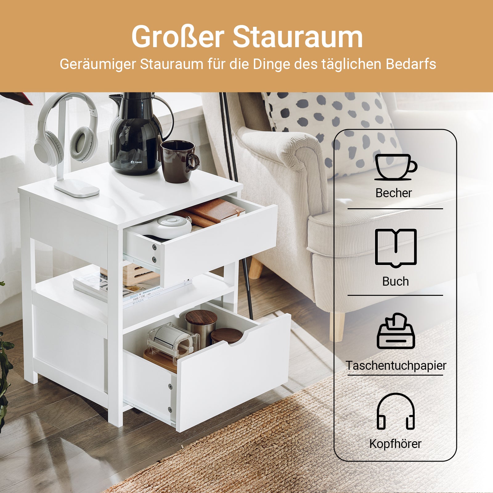 SoBuy Beistelltisch Nachttisch mit 2 Schubladen Weiß 45x55x38cm FRG258-II-W