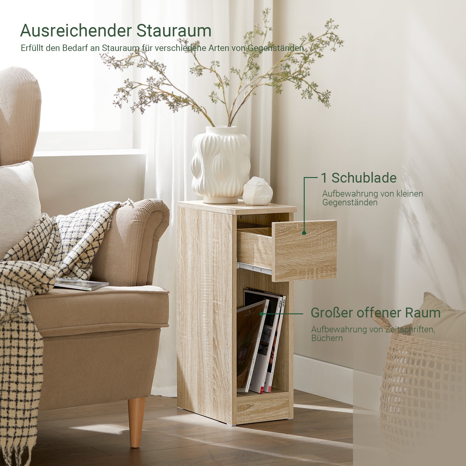 SoBuy Nachttisch schmal | mit Schublade Natur | 20x60x35cm | FBT111-N