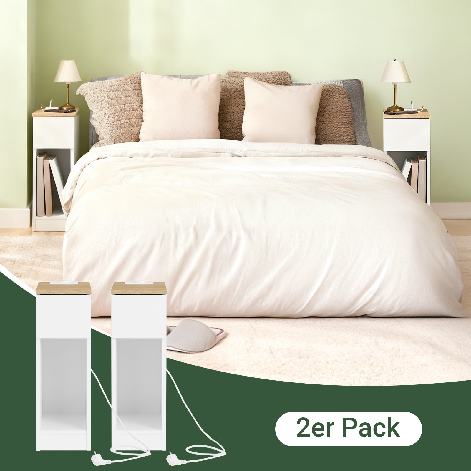 Vorverkauf | SoBuy | 2er Set Nachttisch schmal Nachtschrank mit Ladestation | Weiß-Natur | 20x60x35cm | FBT111-E-WNx2