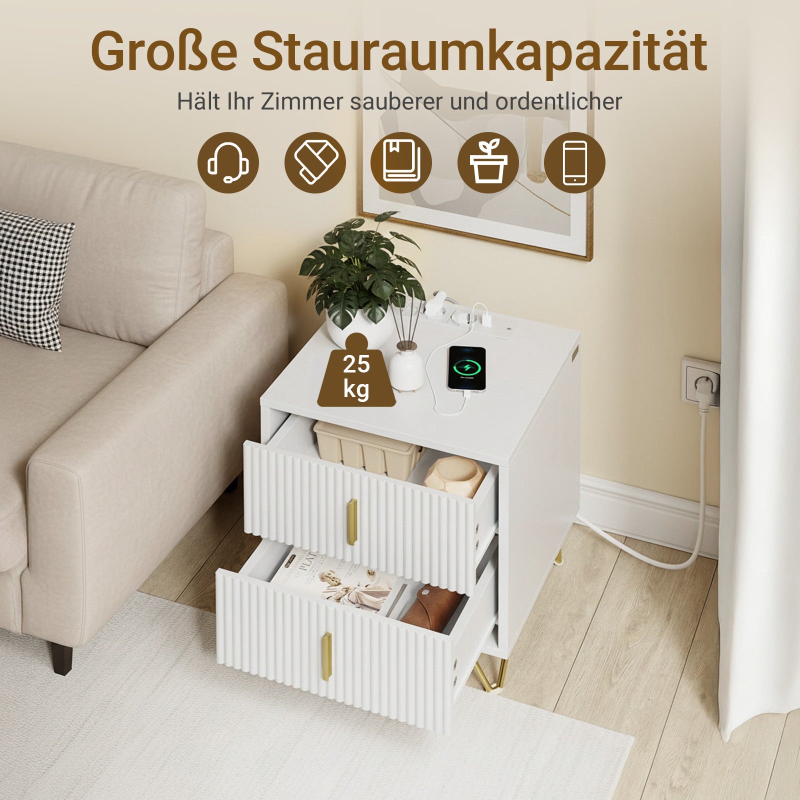 SoBuy | Nachttisch mit 2 Schubladen | Ladefunktion | USB und Type-C | Weiß | FBT115-E-W