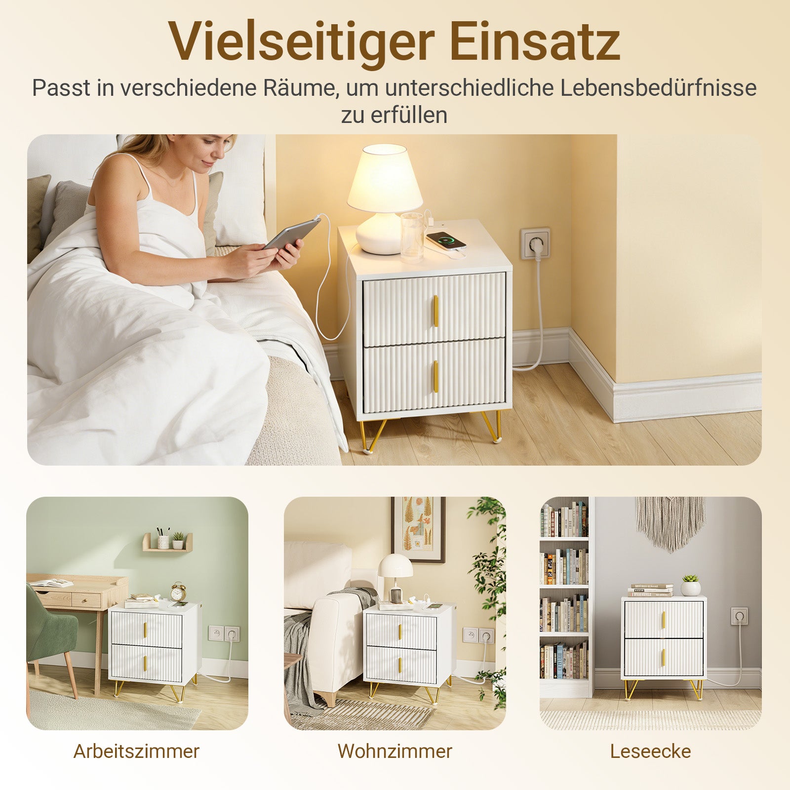 SoBuy | Nachttisch mit 2 Schubladen | Ladefunktion | USB und Type-C | Weiß | FBT115-E-W