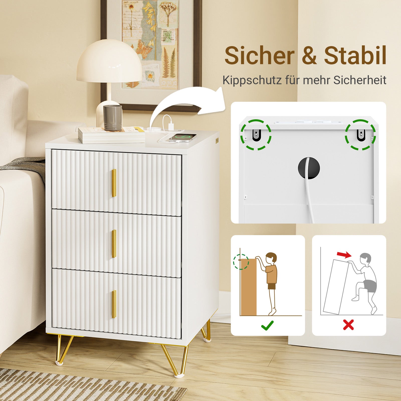 SoBuy | Nachttisch mit 3 Schubladen | Ladefunktion | USB und Type-C | Weiß | FBT115-L-E-W