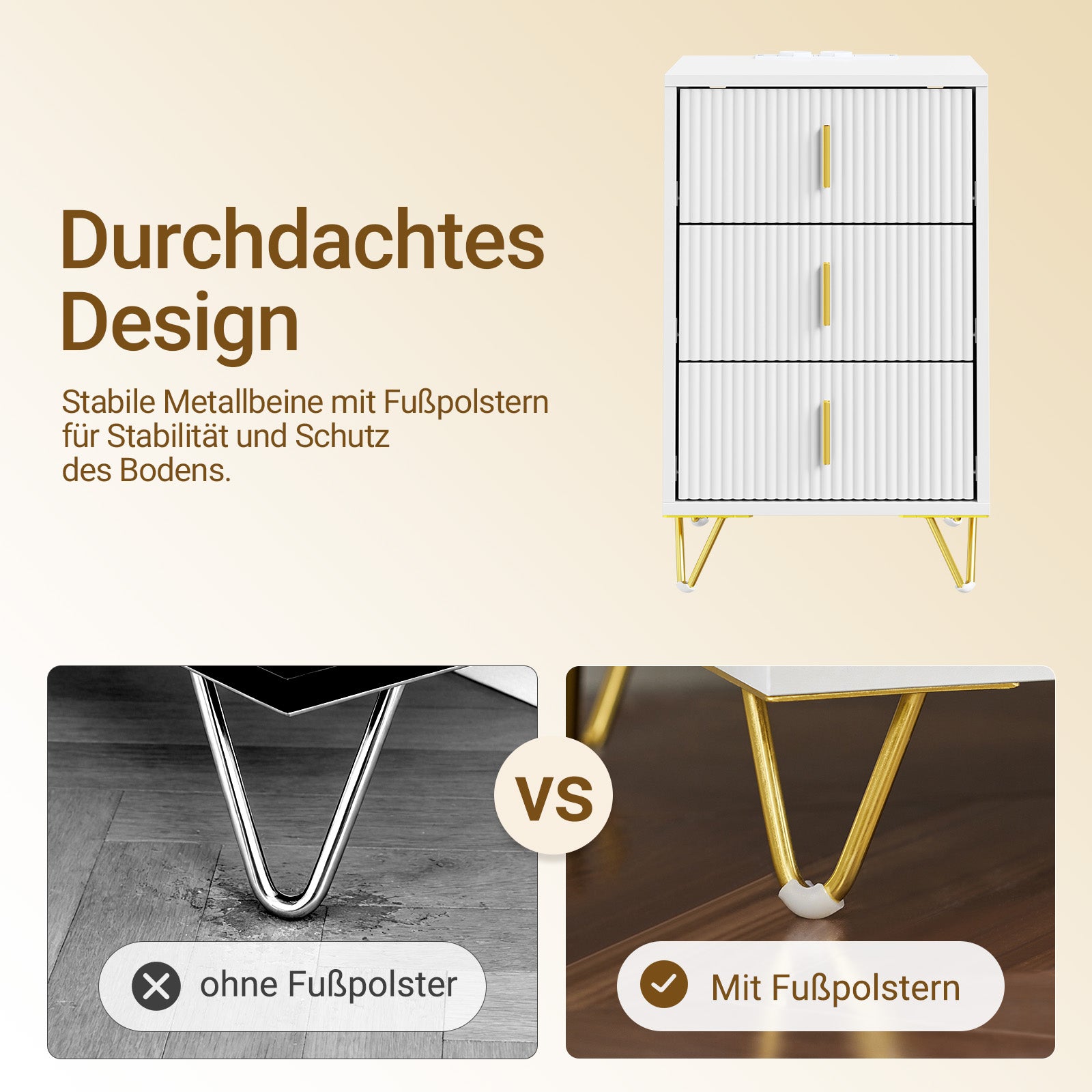 SoBuy | Nachttisch mit 3 Schubladen | Ladefunktion | USB und Type-C | Weiß | FBT115-L-E-W