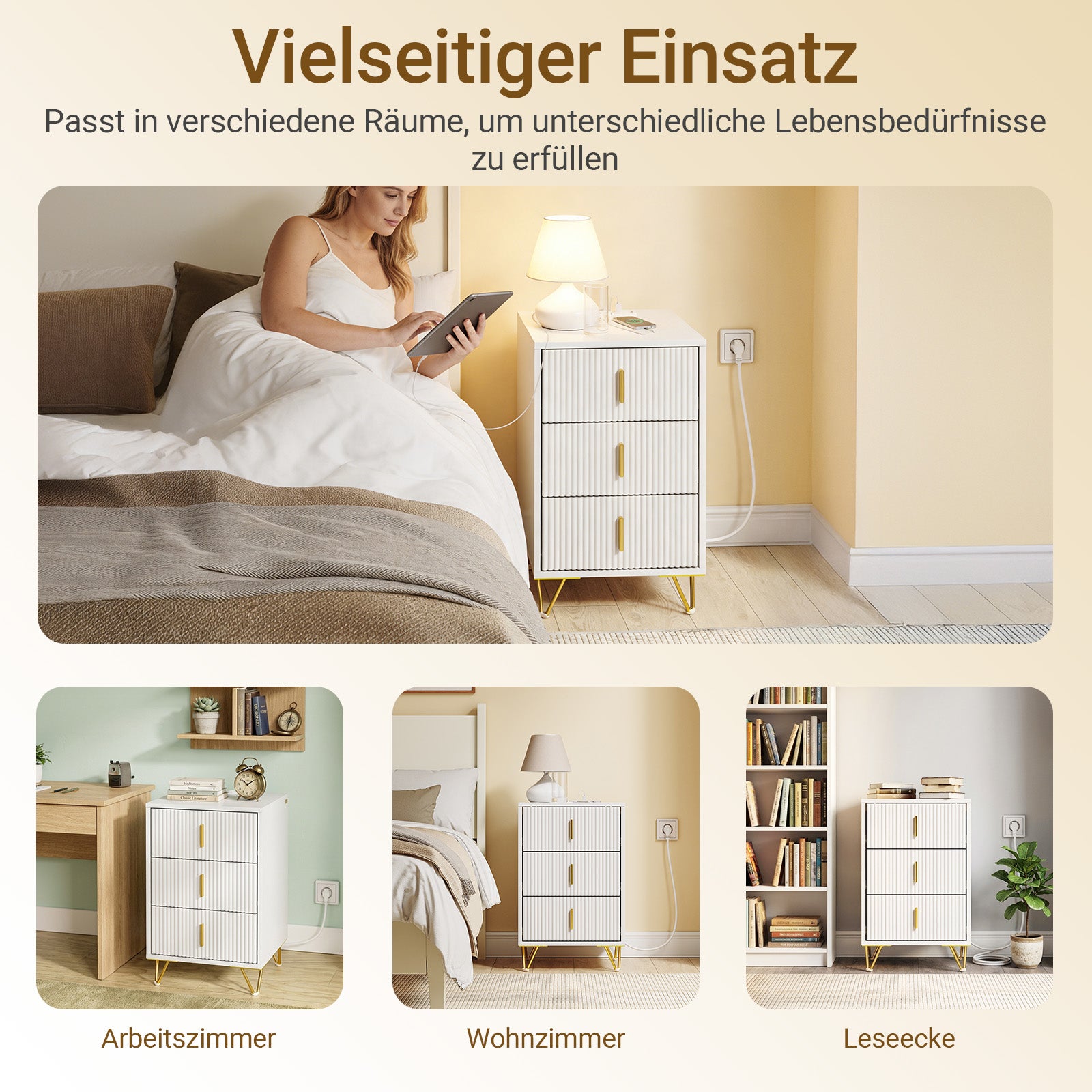 SoBuy | Nachttisch mit 3 Schubladen | Ladefunktion | USB und Type-C | Weiß | FBT115-L-E-W