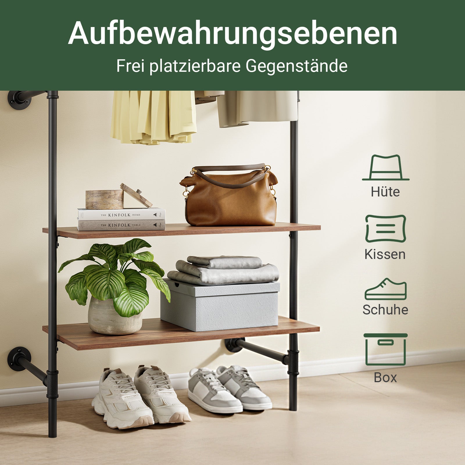 SoBuy Kleiderstange Wandmontage mit 2 MDF Regalböden 45kg Tragkraft Schwarz KLS20-SCH