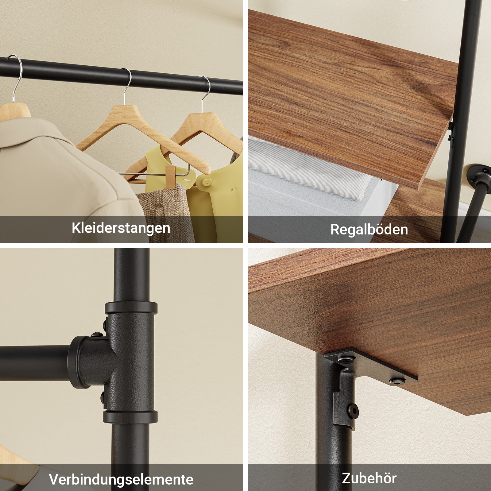 SoBuy Kleiderstange Wandmontage mit 2 MDF Regalböden 45kg Tragkraft Schwarz KLS20-SCH