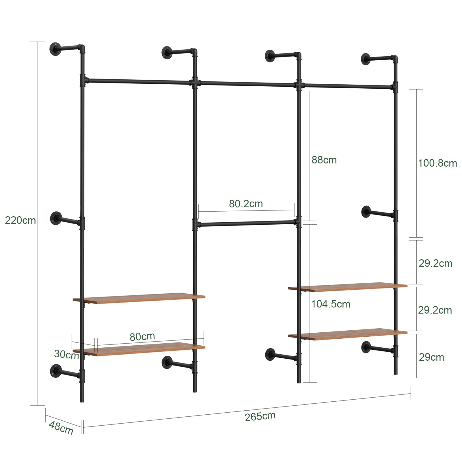 SoBuy Kleiderstange Wandmontage mit 4 MDF Regalböden 120kg Tragkraft Schwarz KLS19-SCH