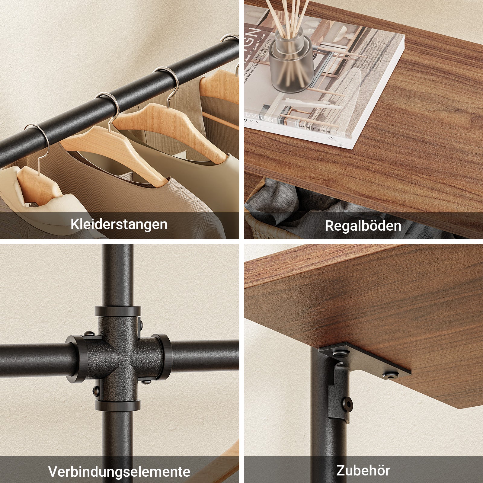 SoBuy Kleiderstange Wandmontage mit 4 MDF Regalböden 120kg Tragkraft Schwarz KLS19-SCH