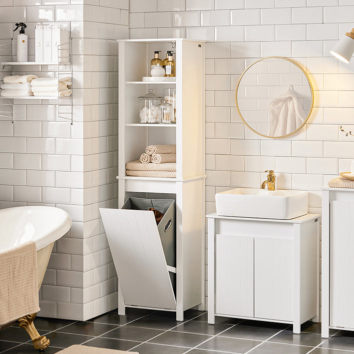 SoBuy | Hochschrank mit ausklappbarem Wäschesack | schmal Wäscheschrank | Badregal | Weiß | BZR102-W