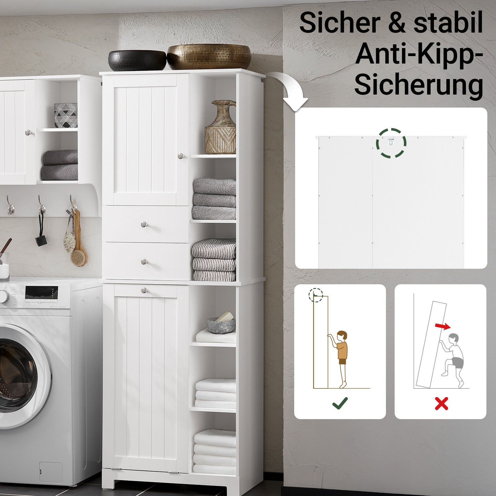 SoBuy | Hochschrank | mit ausklappbarem Wäschesack | Badschrank | Badregal | Weiß | BZR104-W