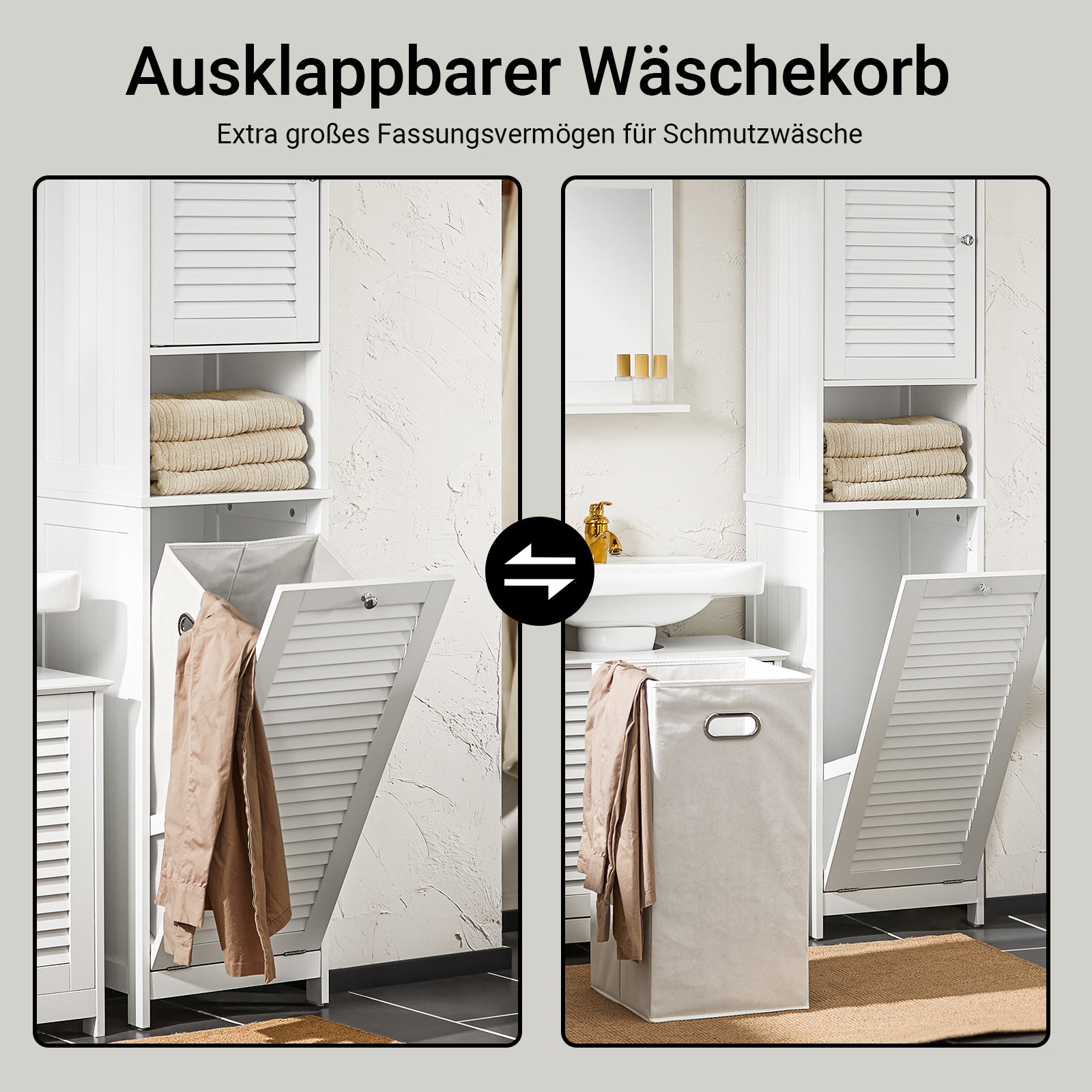 SoBuy | Hochschrank | mit ausklappbarem Wäschesack | schmal Wäscheschrank | Badregal | Weiß | BZR124-W