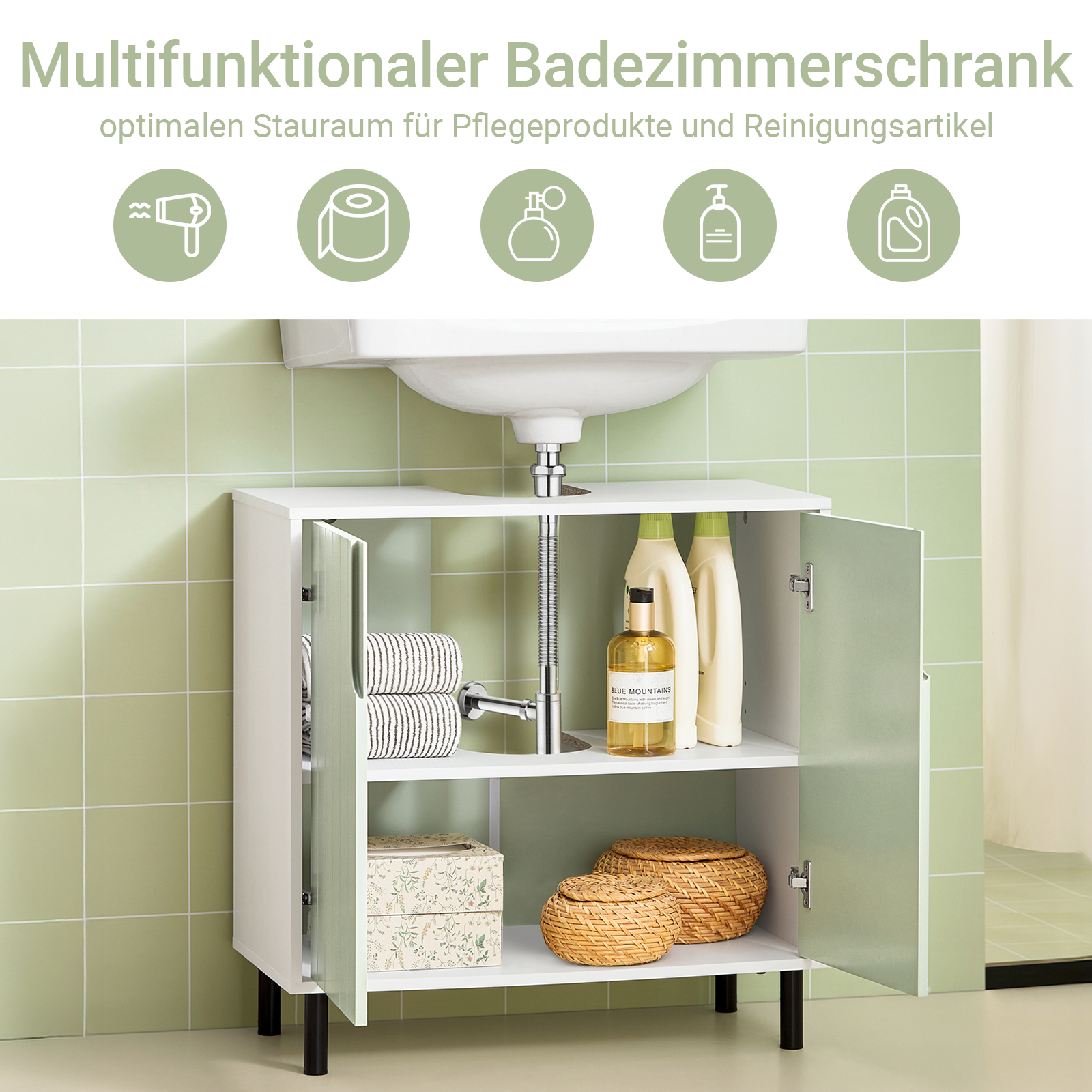 SoBuy | Waschbeckenunterschrank | Badezimmerschrank | Waschtisch | Weiß-Grün | BZR139-GR