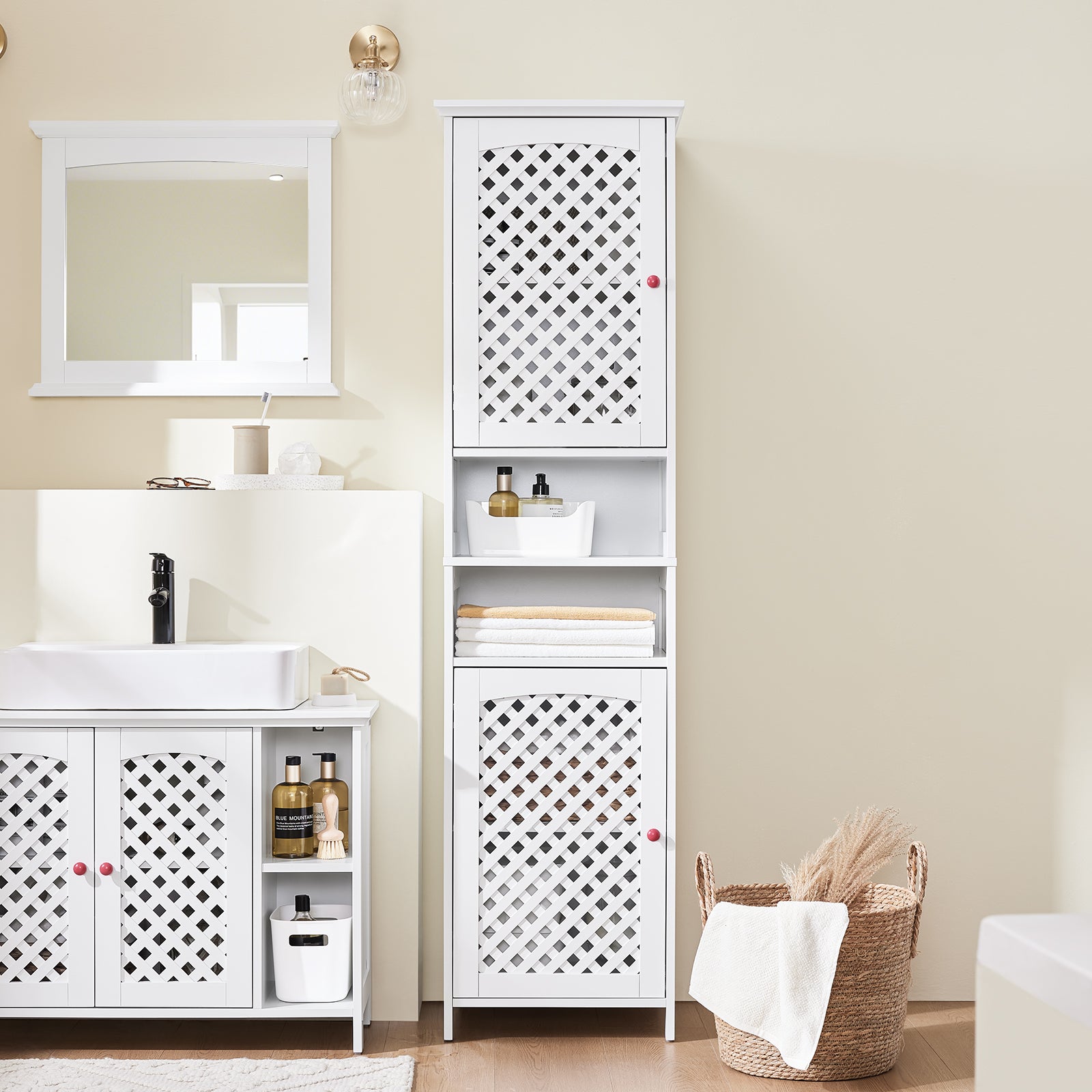 SoBuy | Badezimmerschrank Hoch Badschrank Schmal mit 2 Türen & Offenem Regal | Weiß 45x41.5x170cm | BZR209-W