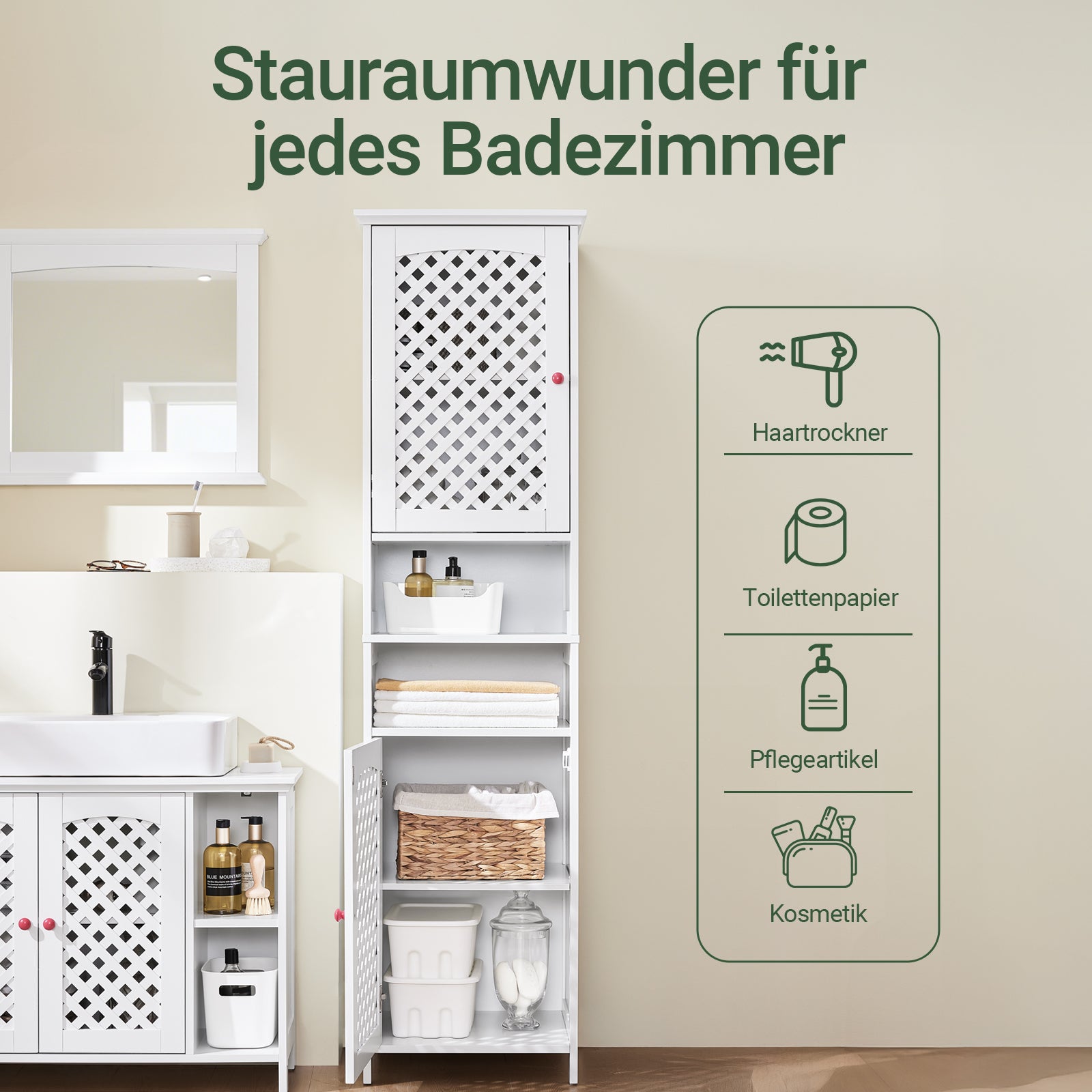 SoBuy | Badezimmerschrank Hoch Badschrank Schmal mit 2 Türen & Offenem Regal | Weiß 45x41.5x170cm | BZR209-W