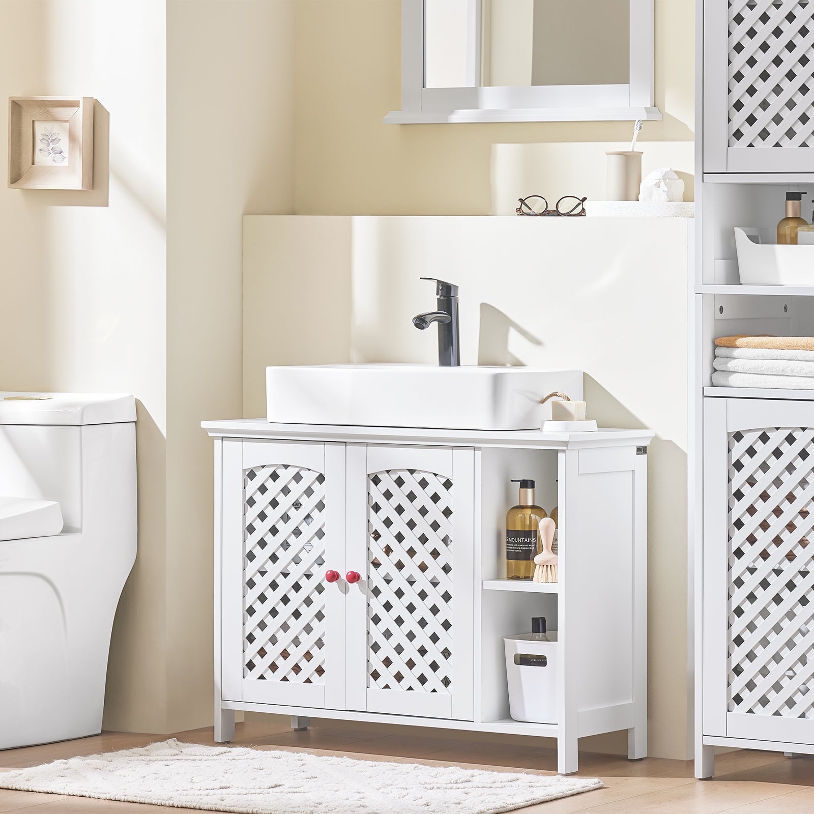 SoBuy | Waschbeckenunterschrank | Badezimmerschrank | mit 2 Türen & Offenem Regal | Weiß | BZR210-W