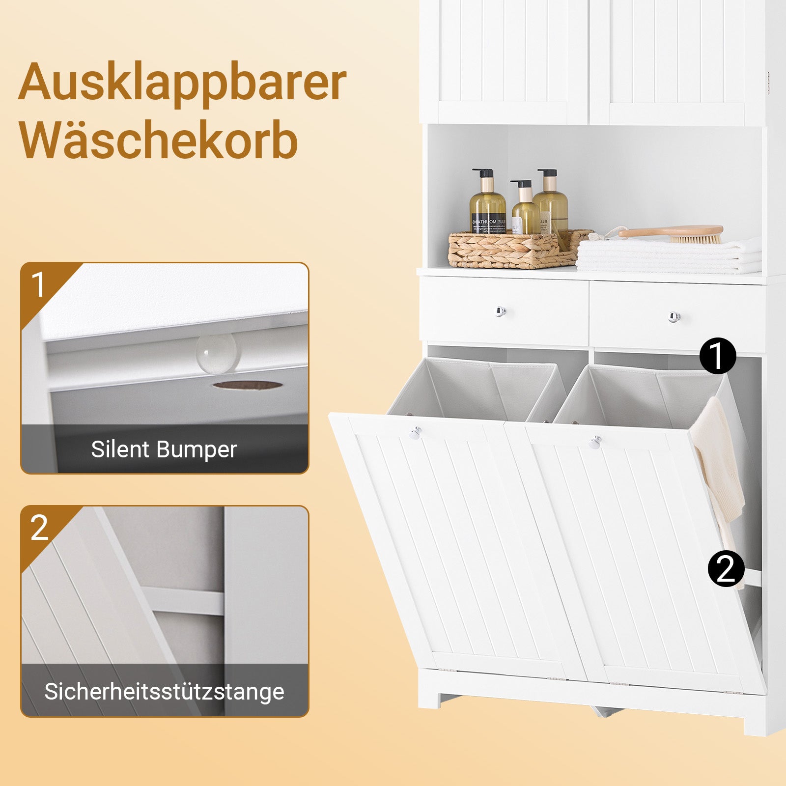 SoBuy | Hochschrank schmal | mit 2 Wäschekörben | 2 Schubladen | Weiß | BZR215-W