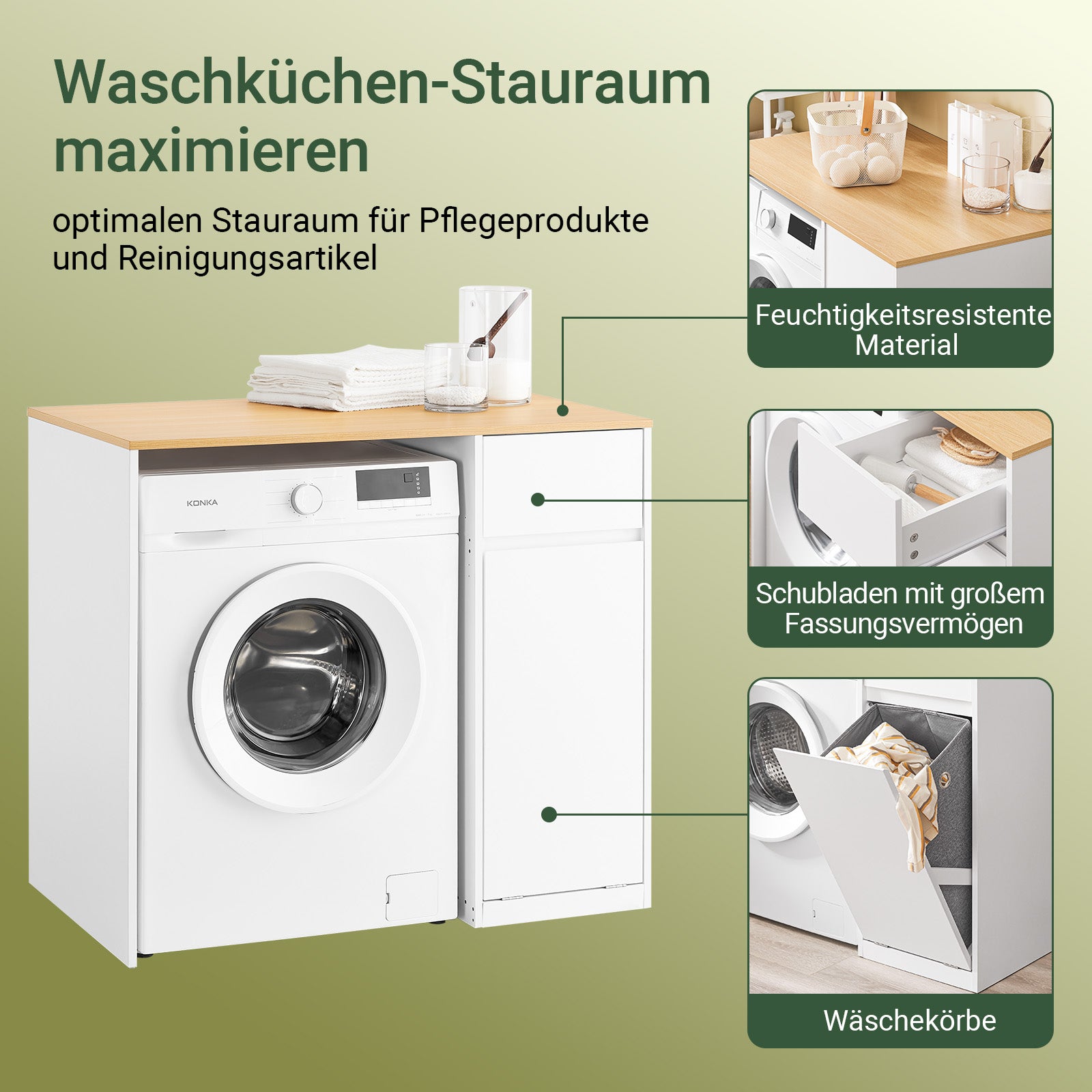 SoBuy | Waschmaschinenschrank | mit Wäschekorb & Schublade | Weiß BZR217-WN