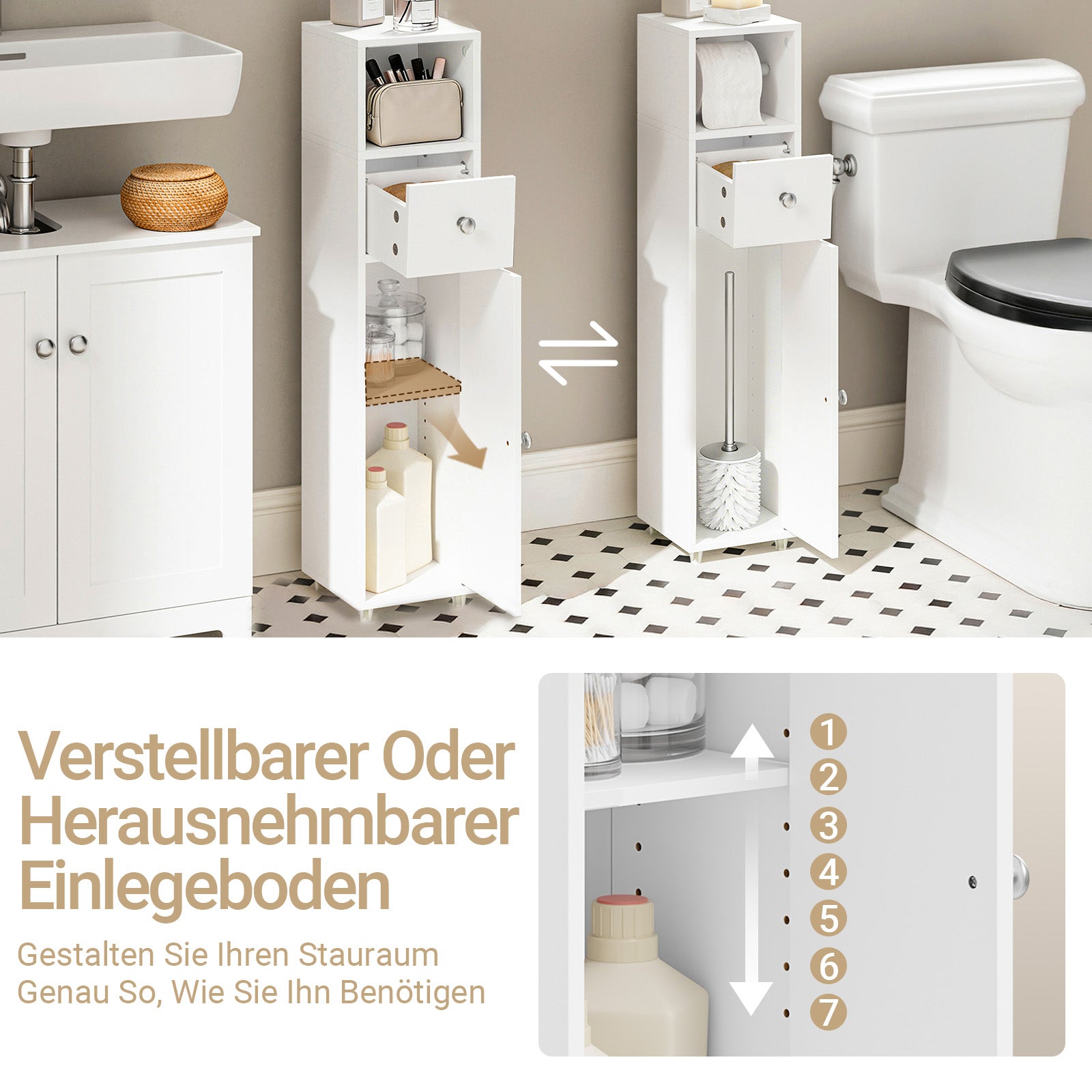 SoBuy | Badschrank Schmal 20cm | Toilettenpapierschrank mit Schublade Weiß | BZR219-W