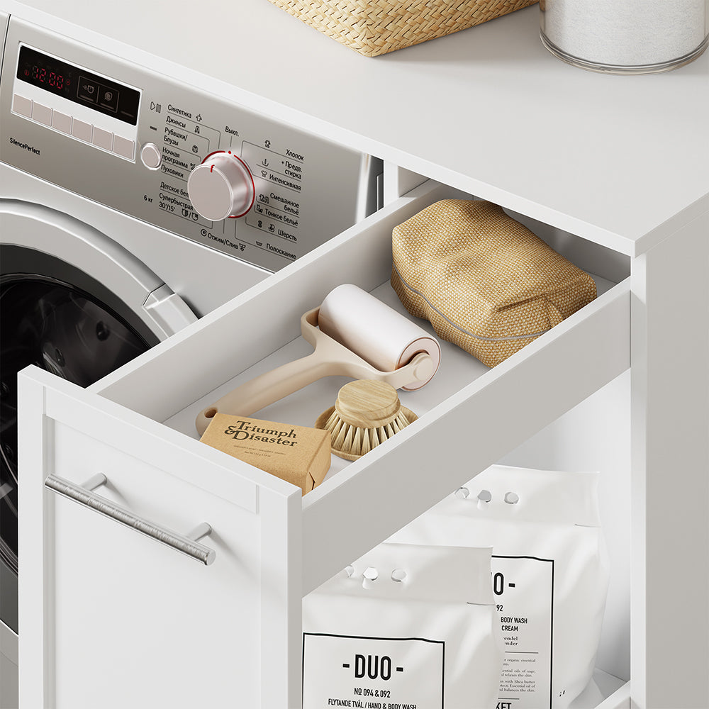 SoBuy | Waschmaschinenregal | Waschmaschinenunterschrank mit Schublade und Auszug | White | BZR229-W