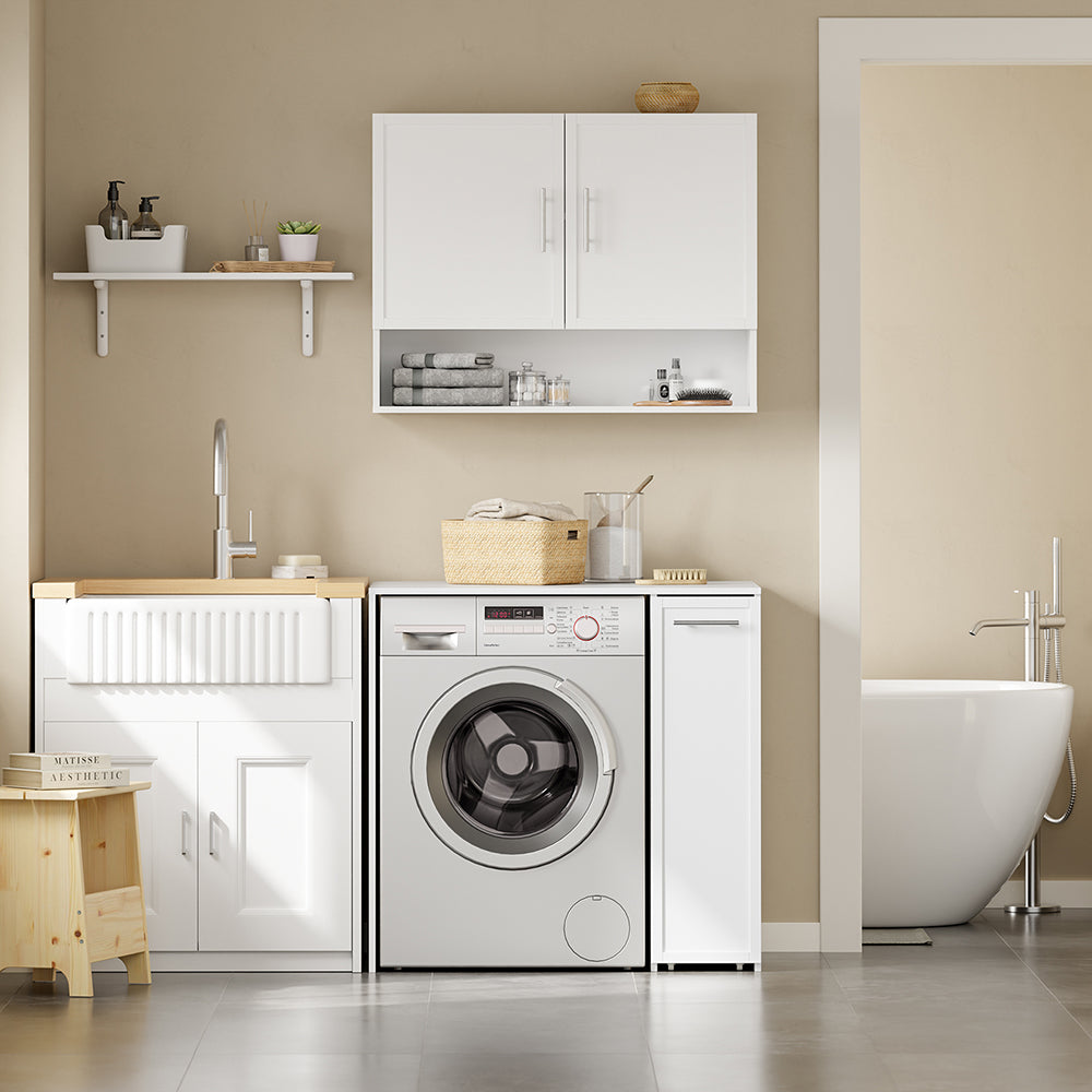 SoBuy | Waschmaschinenregal | Waschmaschinenunterschrank mit Schublade und Auszug | White | BZR229-W