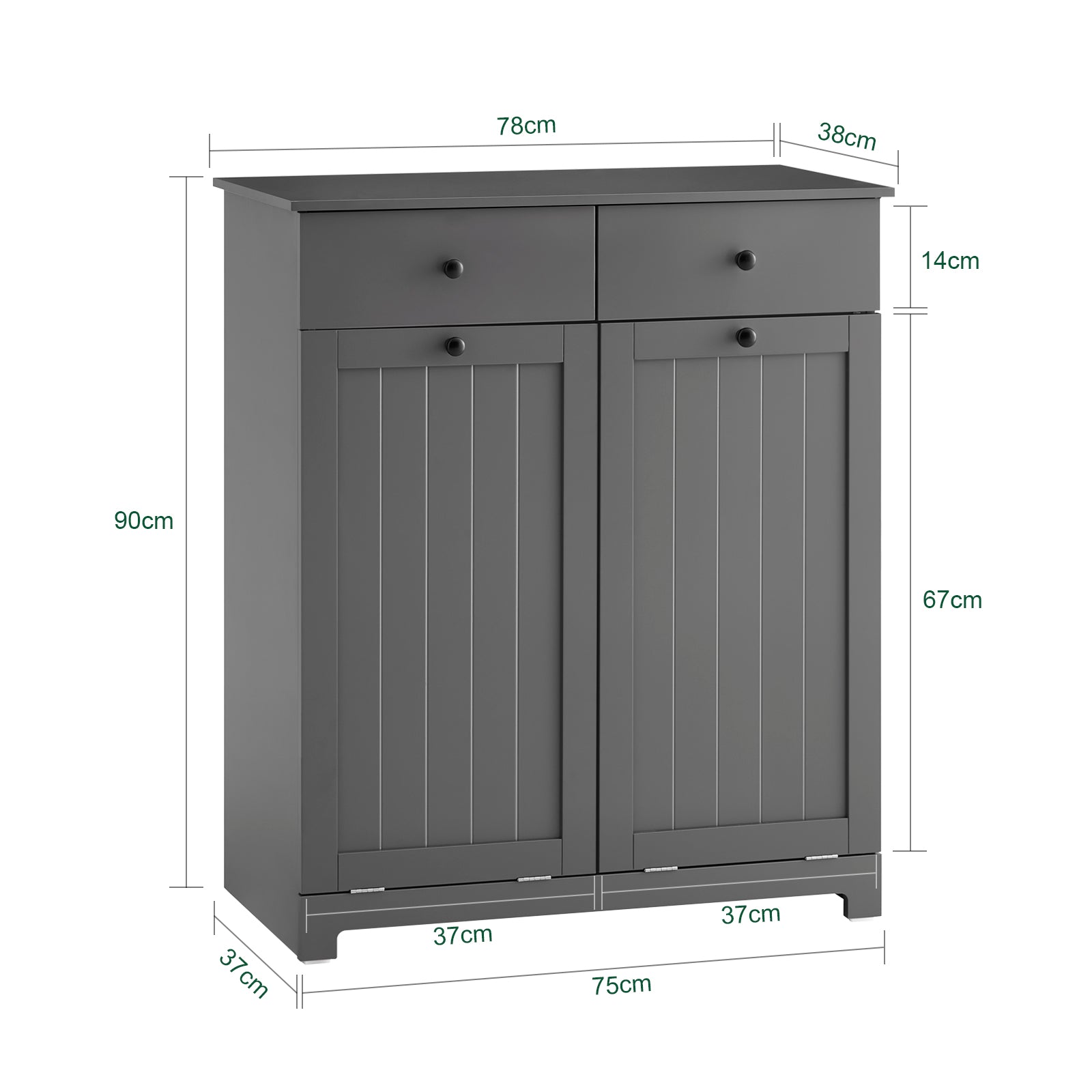 SoBuy | Badezimmerschrank mit 2 Wäschesäcken | Wäschesammler | Wäschekorb Dunkelgrau | 78x90x38cm | BZR33-II-DG