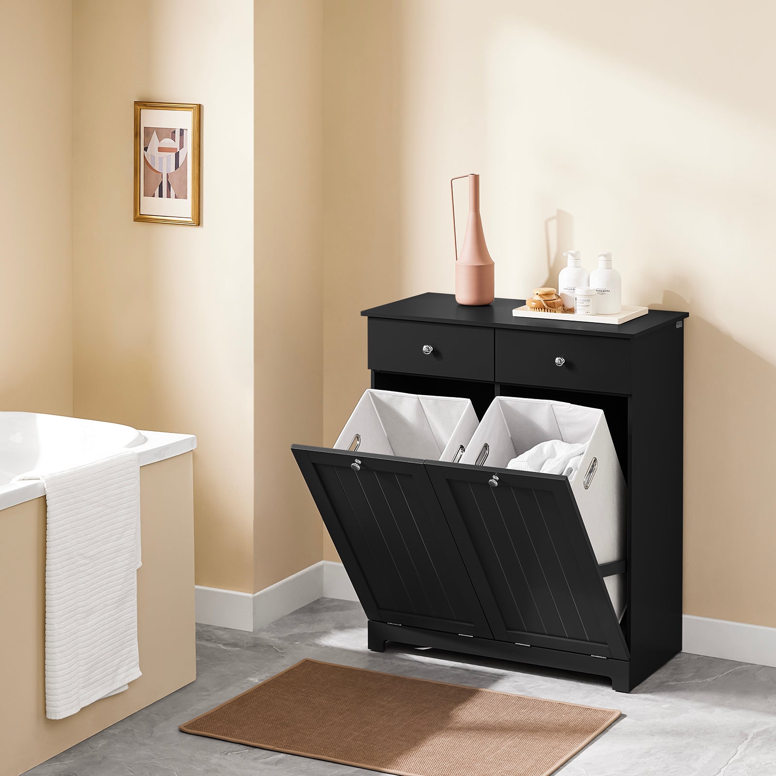 SoBuy | Wäscheschrank mit 2 Wäschesäcke | Wäschesammler | Wäschekorb | Schwarz | BZR33-II-SCH