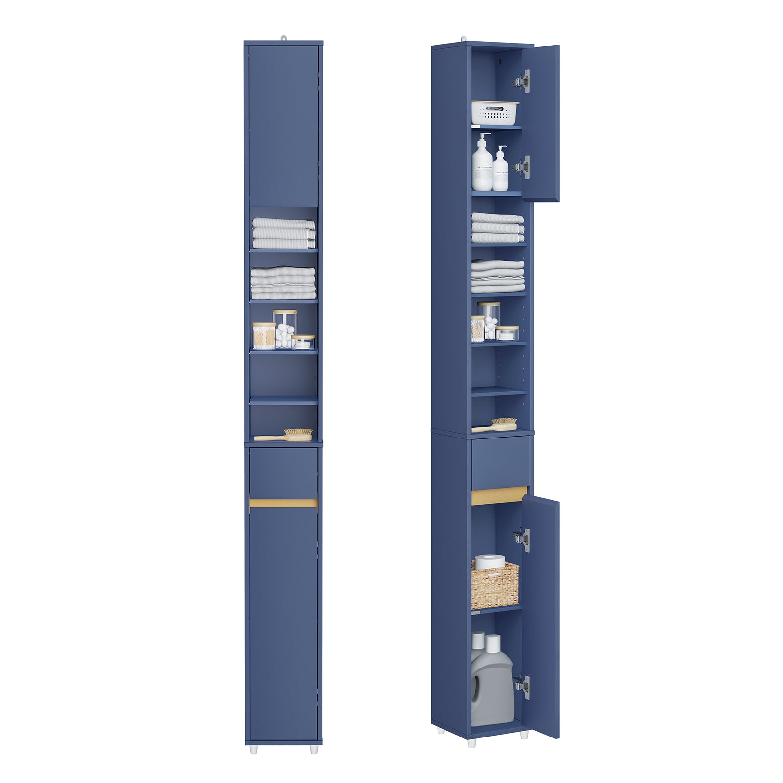 SoBuy Bad Hochschrank Schmal 20cm Blau 180cm hoch, 5 Fächer & Schublade Aufbewahrungssäule BZR34-II-B –