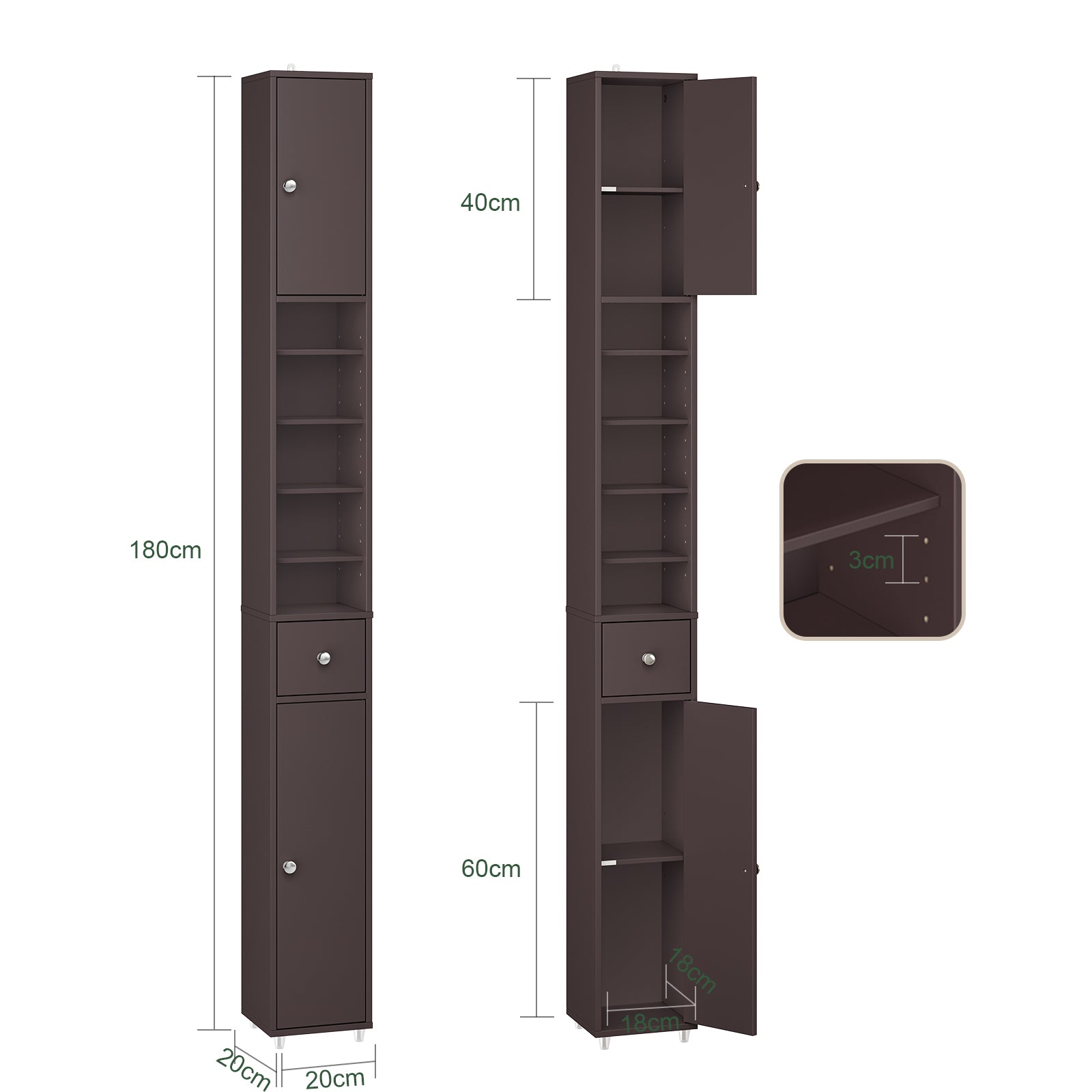 SoBuy | Badzimmerschrank Schmal | mit Verstellbare Ablagen | Braun | BZR34-II-BR
