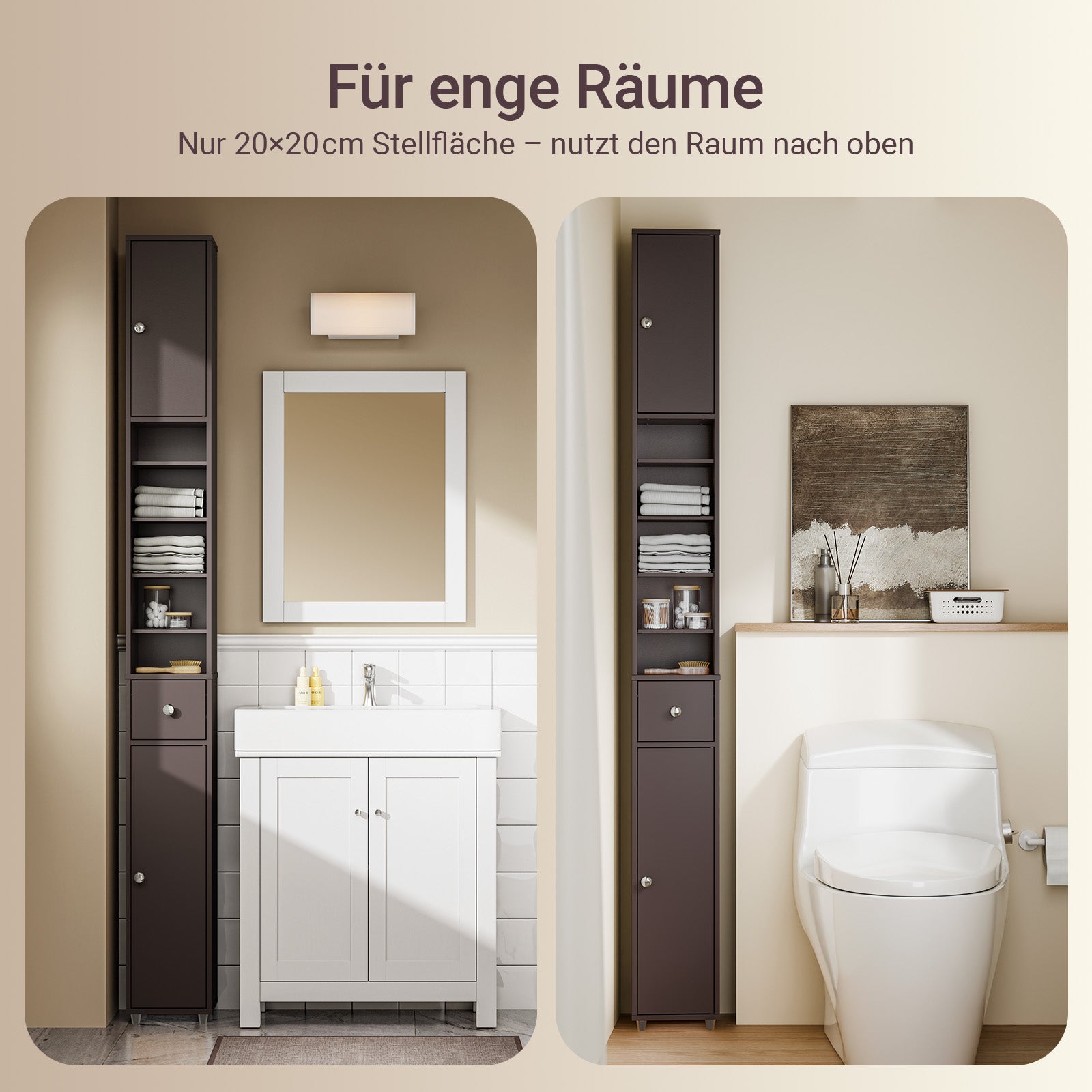 SoBuy | Badzimmerschrank Schmal | mit Verstellbare Ablagen | Braun | BZR34-II-BR