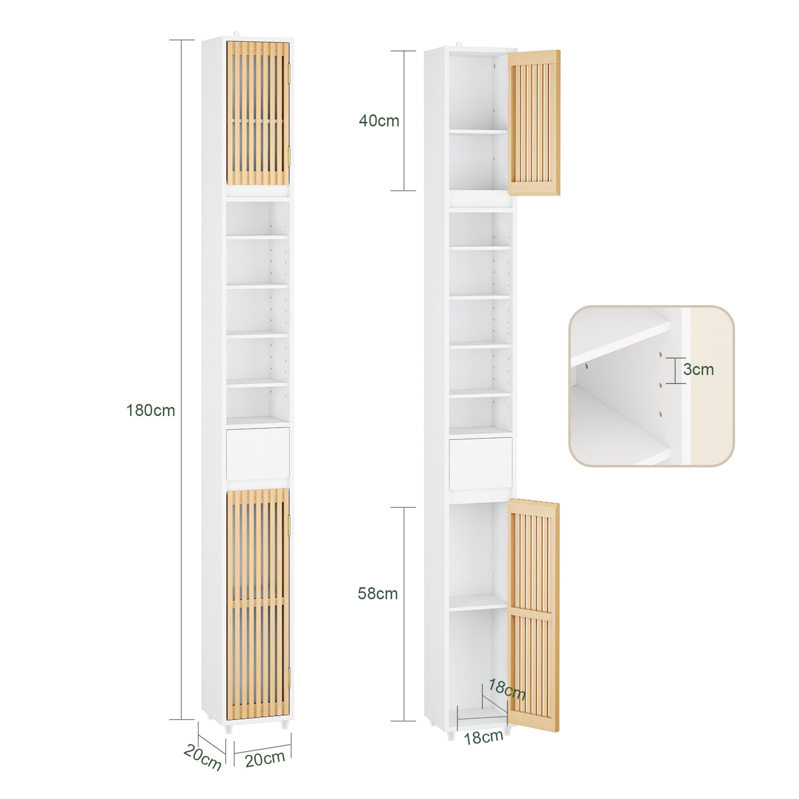 SoBuy Bad Hochschrank mit Verstellbare Ablagen | schmal Weiß 20x180x20cm BZR34-BW