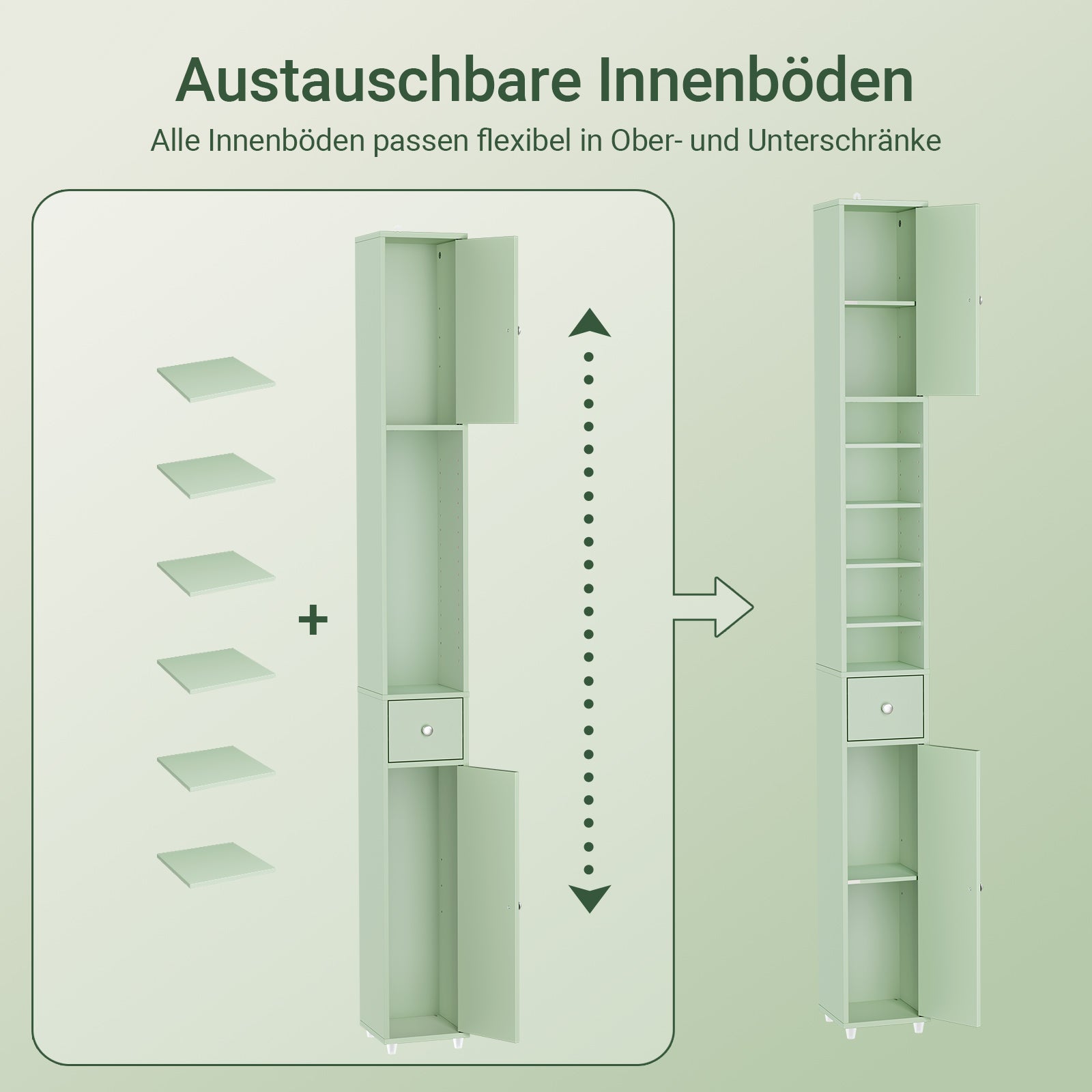 SoBuy | Badezimmer Hochschrank Schmal | mit Verstellbare Ablagen | Hellgrün | 20x180x20cm BZR34-II-GR