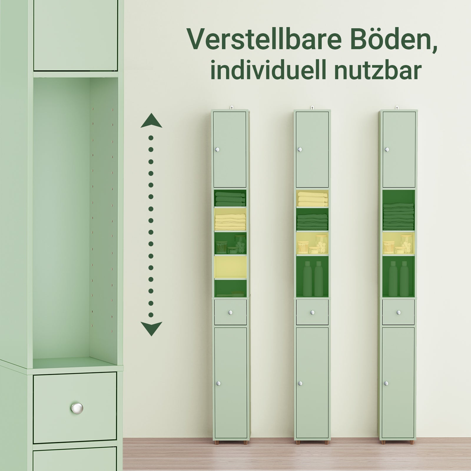 SoBuy | Badezimmer Hochschrank Schmal | mit Verstellbare Ablagen | Hellgrün | 20x180x20cm BZR34-II-GR