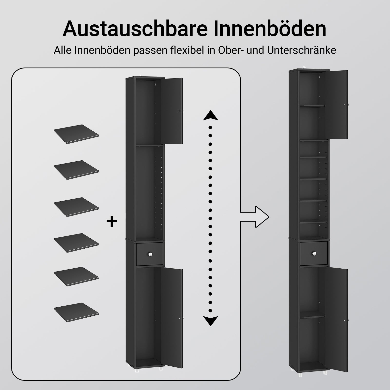 SoBuy | Bad Hochschrank | mit Verstellbare Ablagen schmal | Schwarz | 20x180x20cm | BZR34-II-SCH