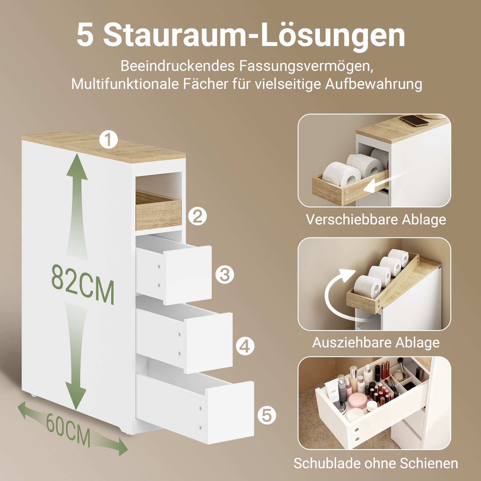 SoBuy | Badezimmerschrank mit Rollen | Schmaler | Natur | BZR54-K-W