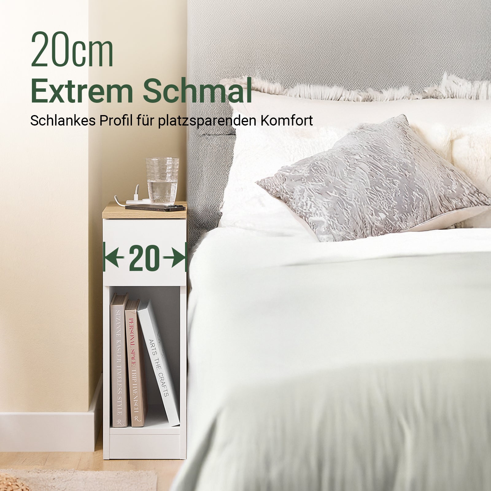 SoBuy | Nachttisch schmal | mit Mehrfachsteckdosen | Weiß-Natur | 20x60x35cm | FBT111-E-WN