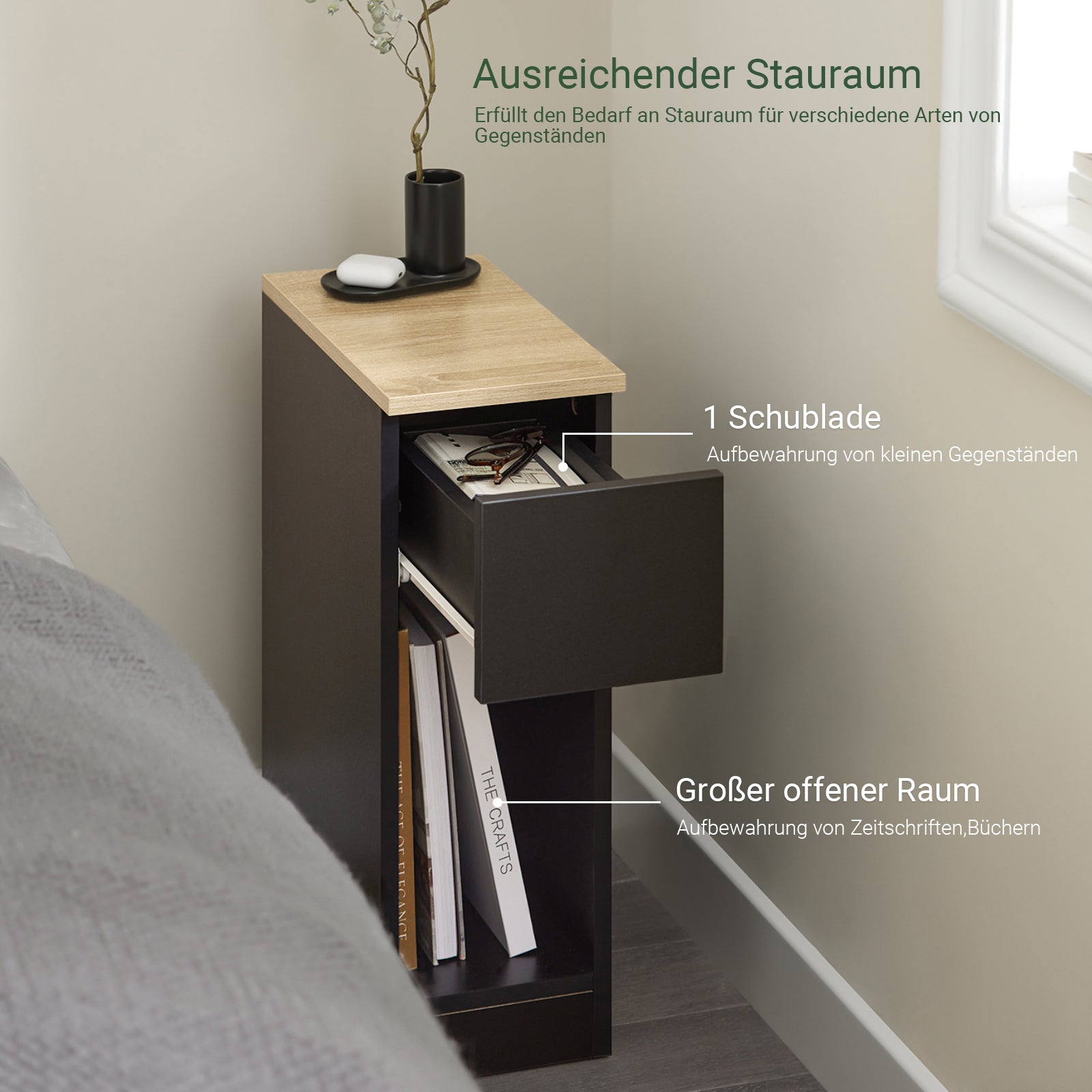 Vorverkauf | SoBuy Nachttisch schmal Beistelltisch mit Schublade Schwarz 20x60x35cm FBT111-SCH