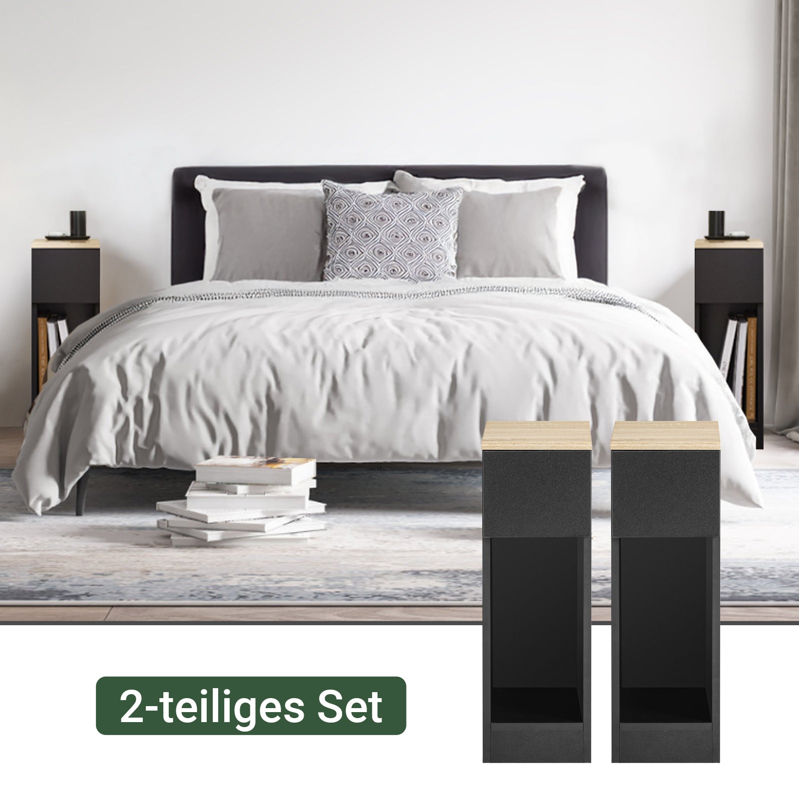 SoBuy | Nachttisch 2er Set schmal | Beistelltisch mit Schublade | Schwarz 20x60x35cm | FBT111-SCHx2