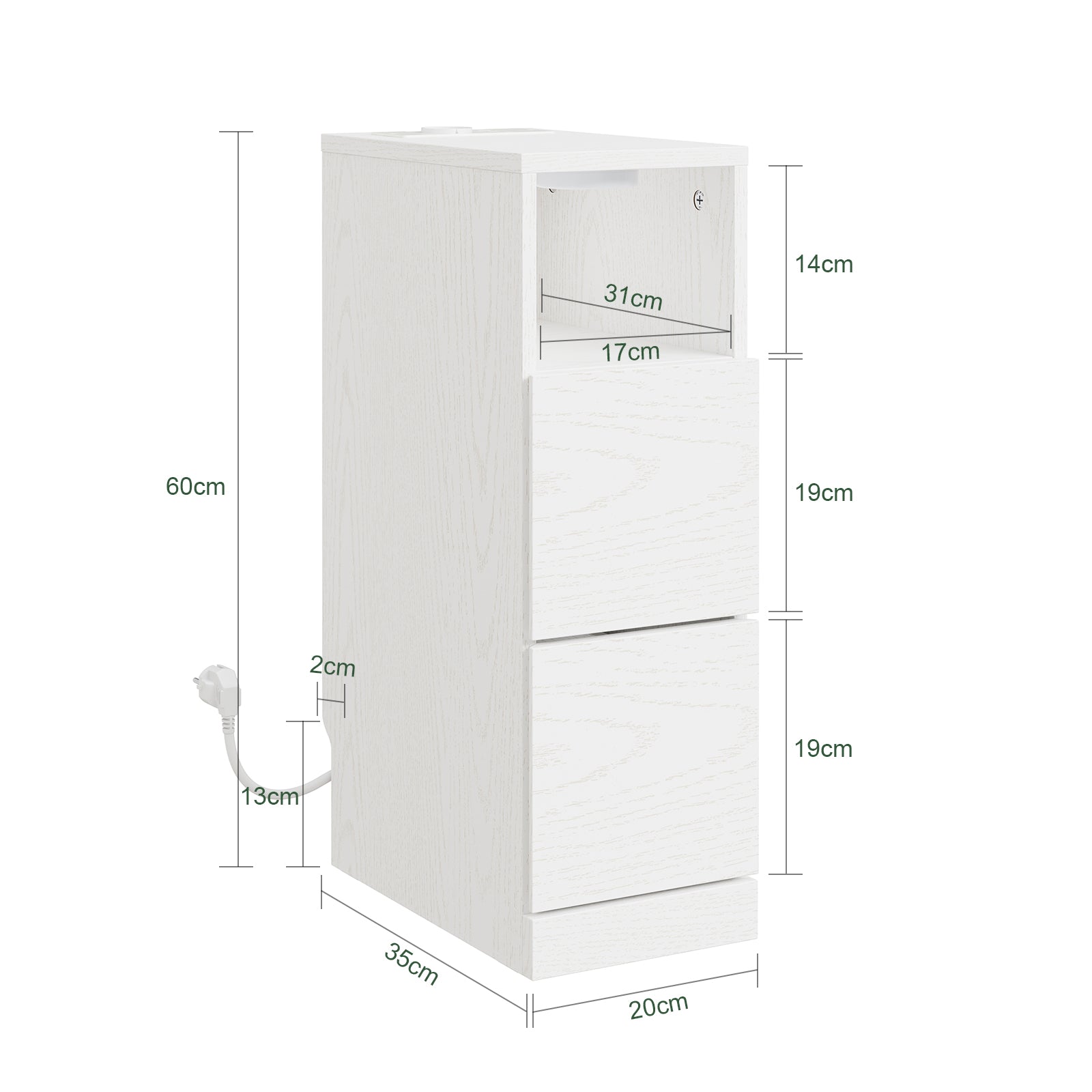 SoBuy Nachttisch schmal 20cm breit mit 2 Schubladen Platzsparender Weiß FBT149-E-WG