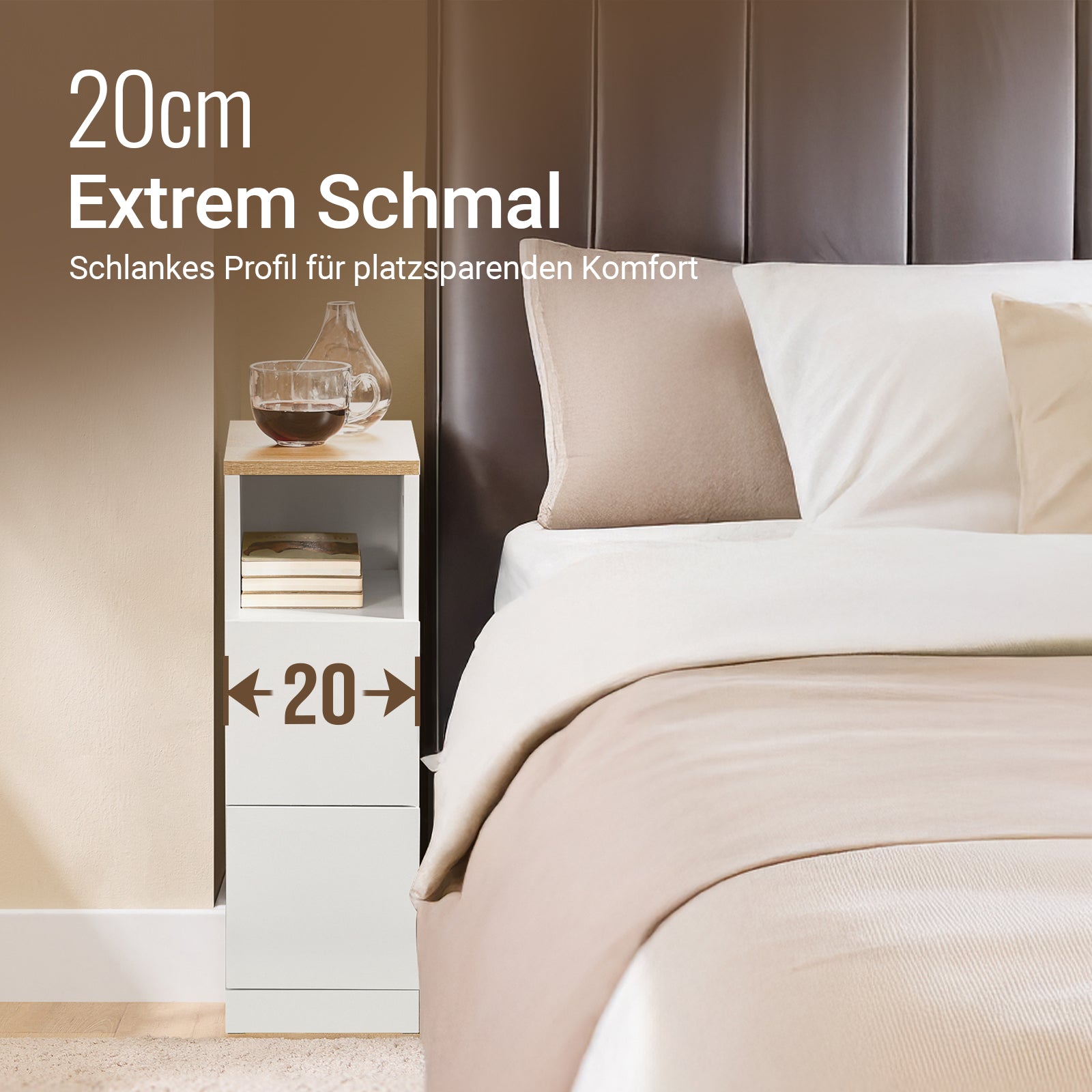 SoBuy | Nachttisch schmal Beistelltisch | mit 2 Schubladen Weiß | 20x60x35cm | FBT149-WN