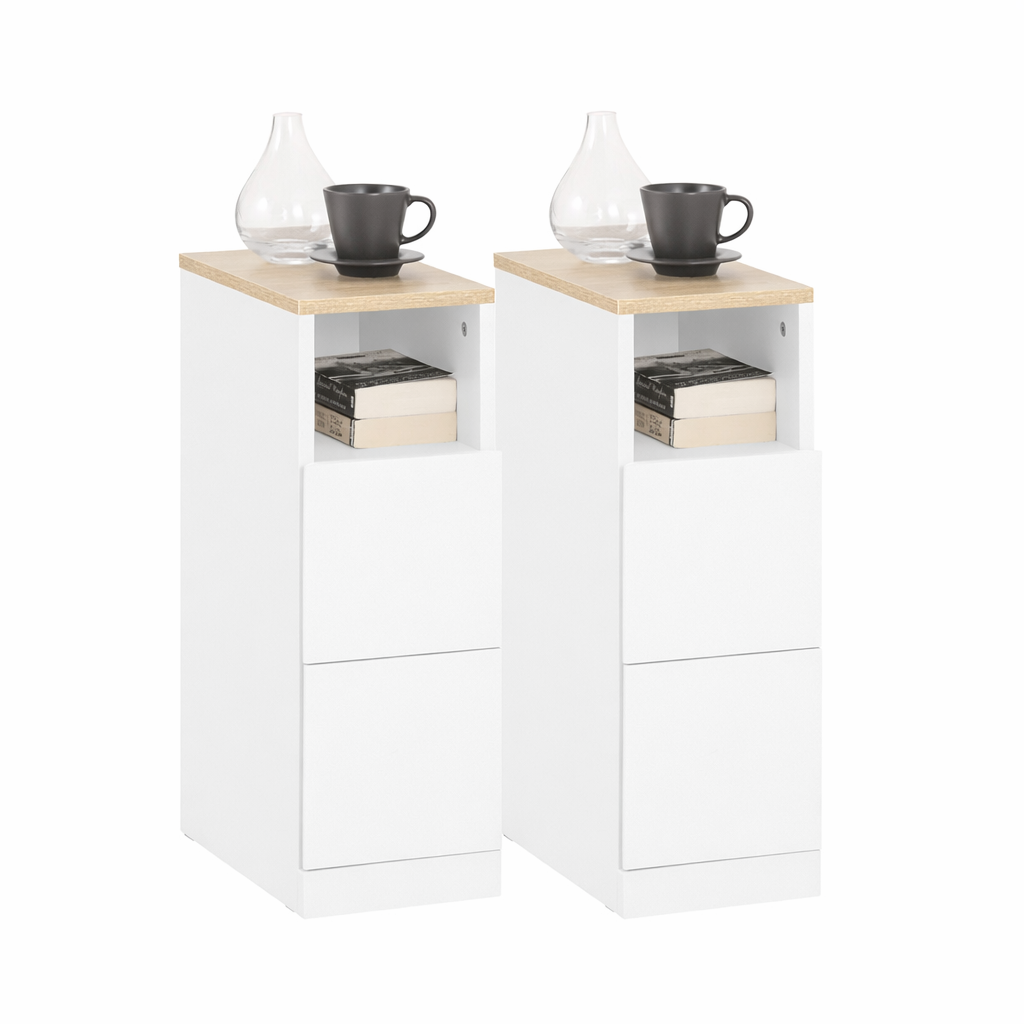 SoBuy | Nachttisch schmal 2er Set | Beistelltisch | mit 2 Schubladen Weiß | 20cm | FBT149-WNx2