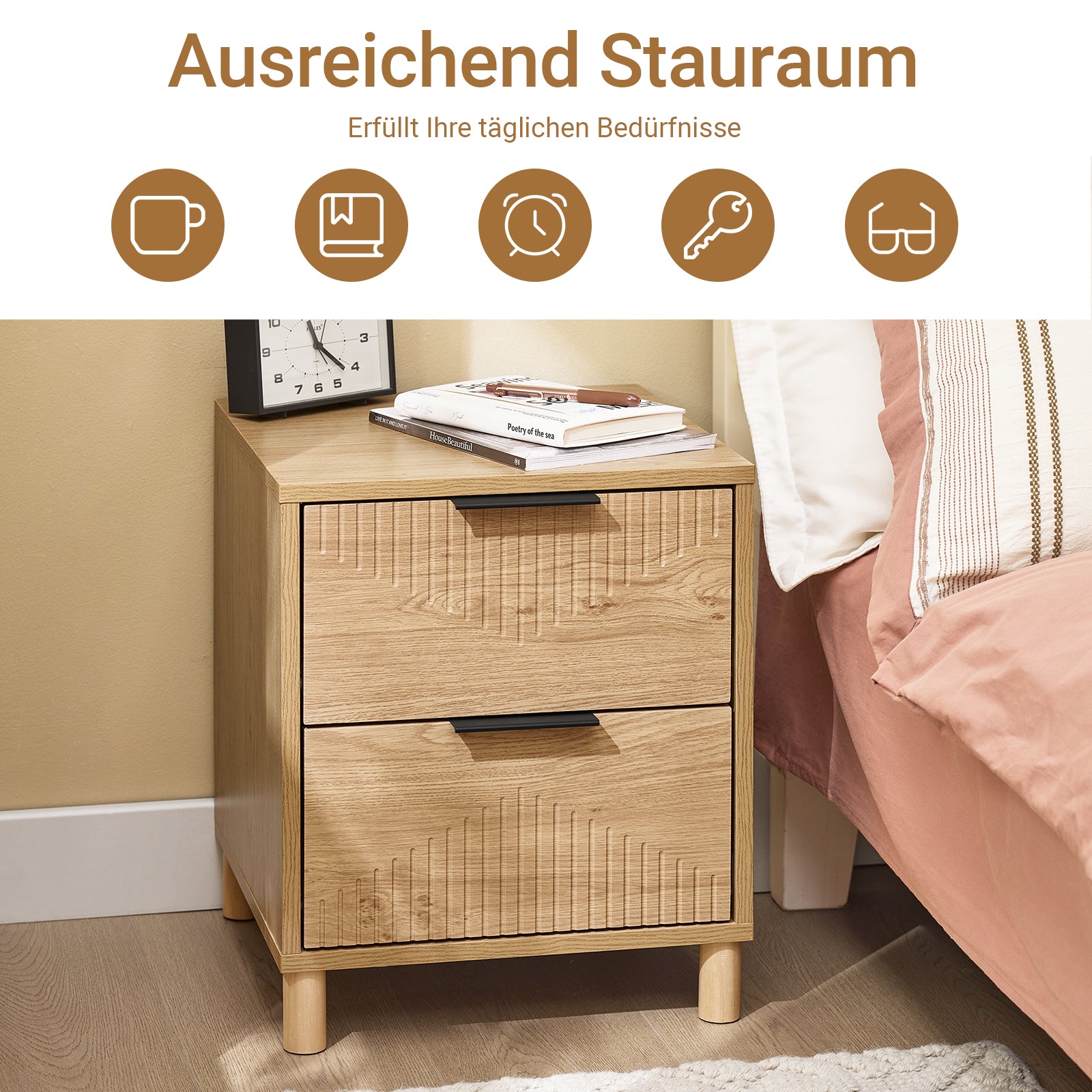 SoBuy Nachttisch Nachtschrank mit 2 Schubladen Natur B40 x T42 x H47 cm FBT166-N
