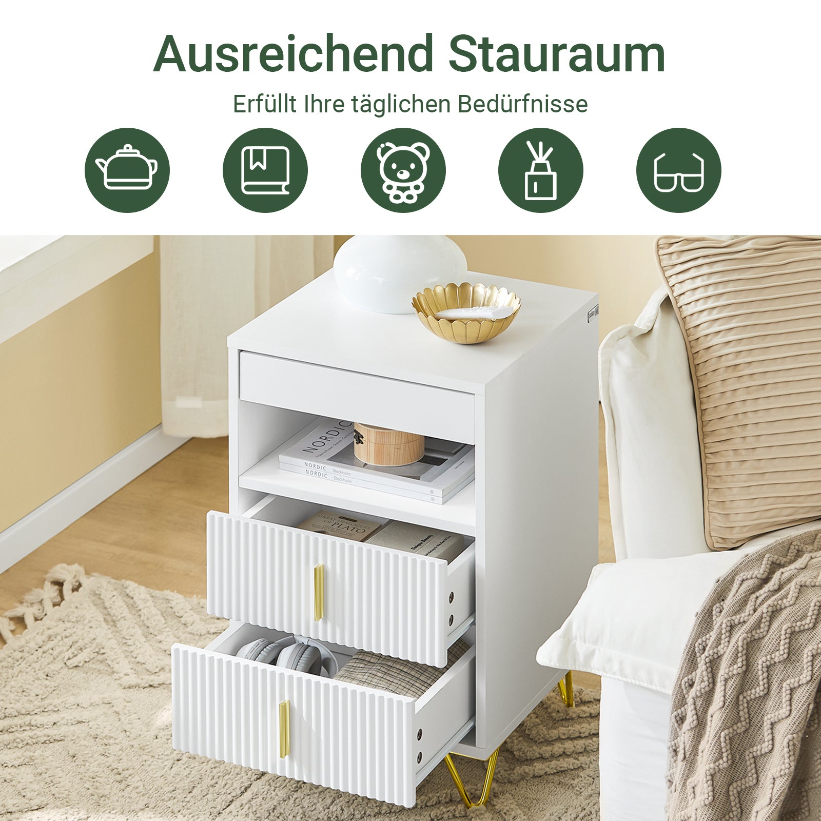 SoBuy | Nachttisch mit 3 Schubladen | Sofatisch | Beistelltisch | Weiß | FBT168-W