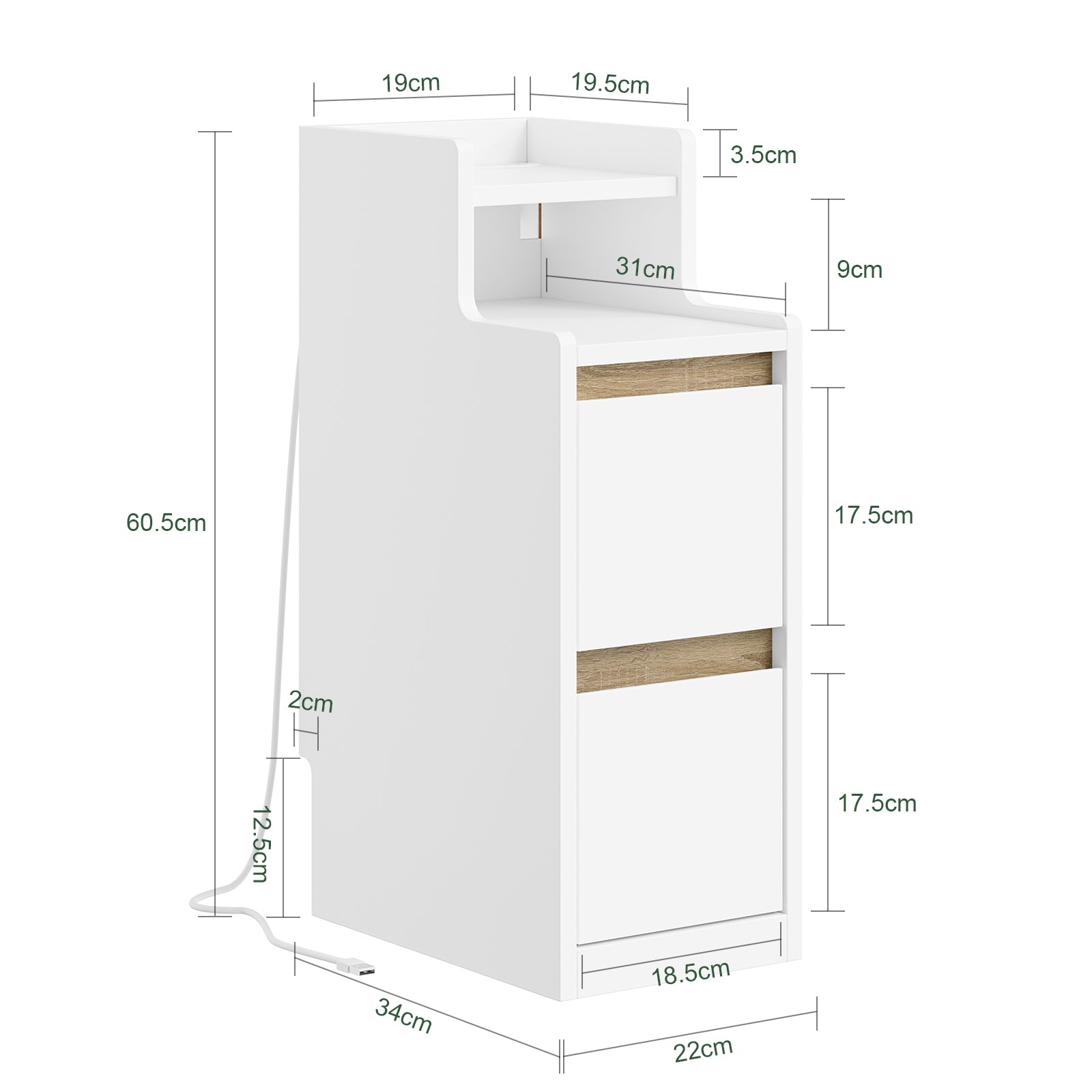 SoBuy | Nachttisch Beistelltisch schmal | mit Mehrfachsteckdosen | Weiß-Natur | 22x60x34cm | FBT178-E-WN