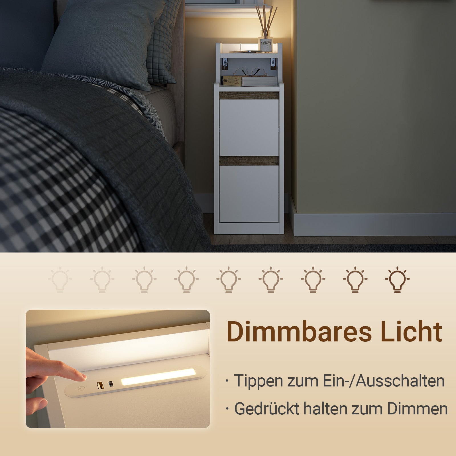 SoBuy | Nachttisch Beistelltisch schmal | mit Mehrfachsteckdosen | Weiß-Natur | 22x60x34cm | FBT178-E-WN