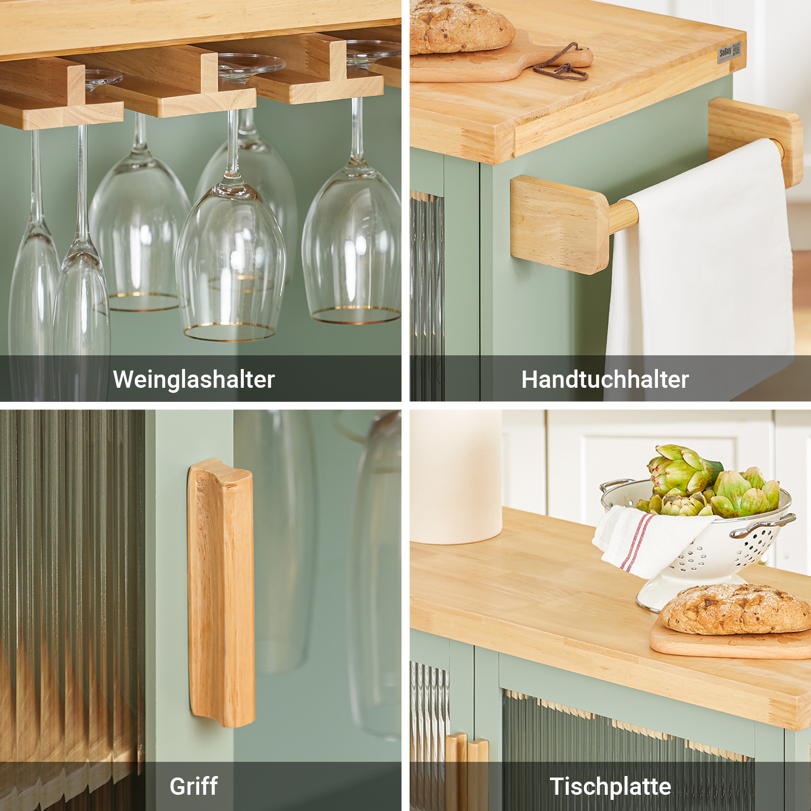 SoBuy | Küchenwagen mit Flaschenablage | Kücheninsel mit Weinglashalter | Sideboard | Grün | FKW114-GR
