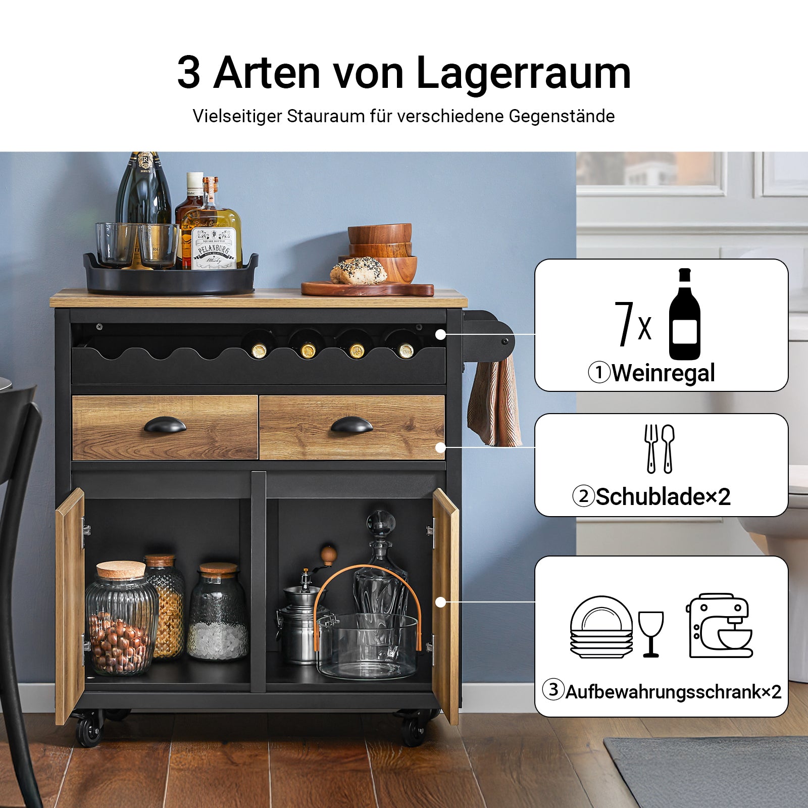 SoBuy | Küchenwagen mit Flaschenablage | Servierwagen Kücheninsel | Vintagebraun | FKW122-SCH