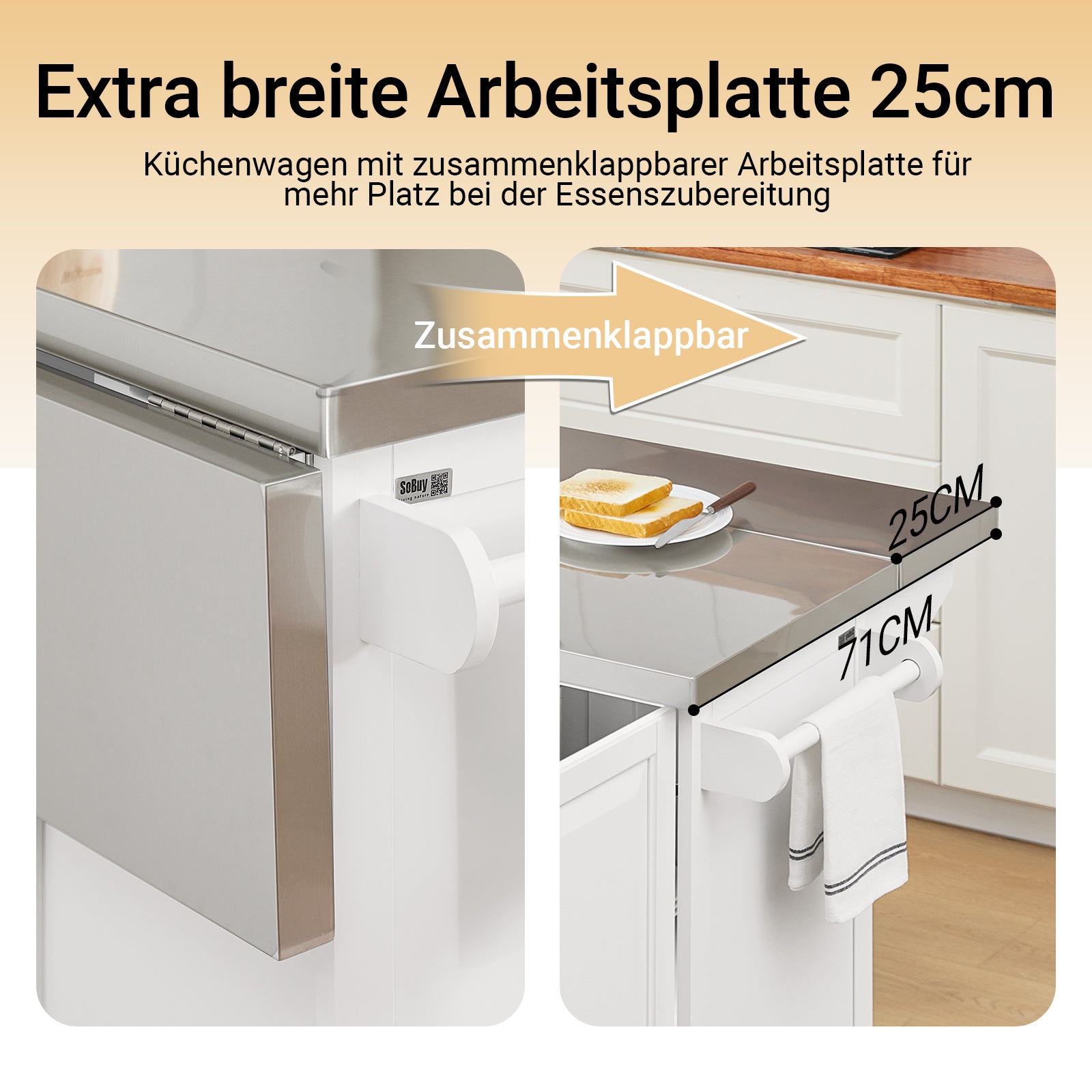 SoBuy | Kücheninsel mit 2 Schubladen | Küchenwagen mit erweiterbarer Arbeitsfläche | Küchenschrank Weiß | FKW128-ST