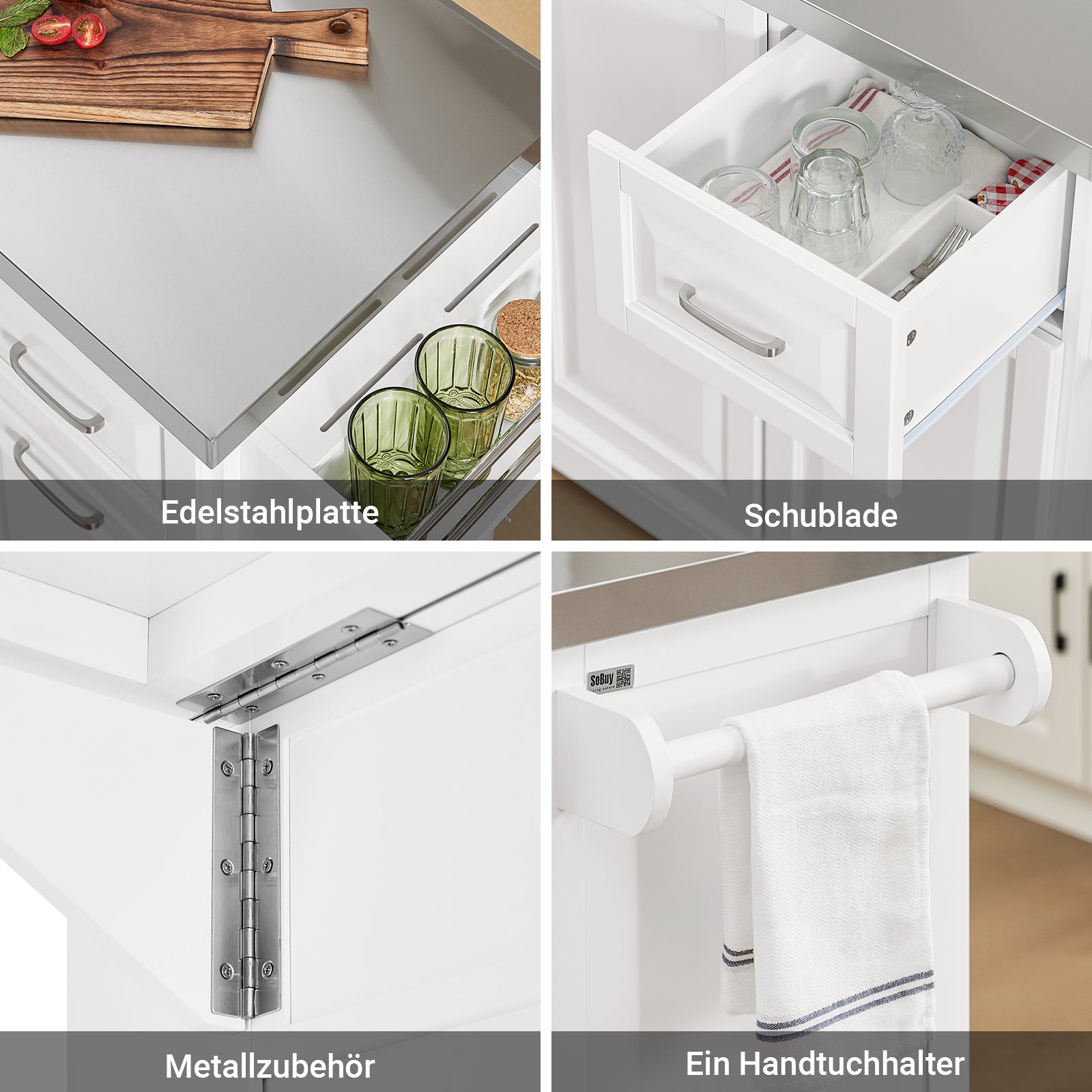 SoBuy | Kücheninsel mit 2 Schubladen | Küchenwagen mit erweiterbarer Arbeitsfläche | Küchenschrank Weiß | FKW128-ST